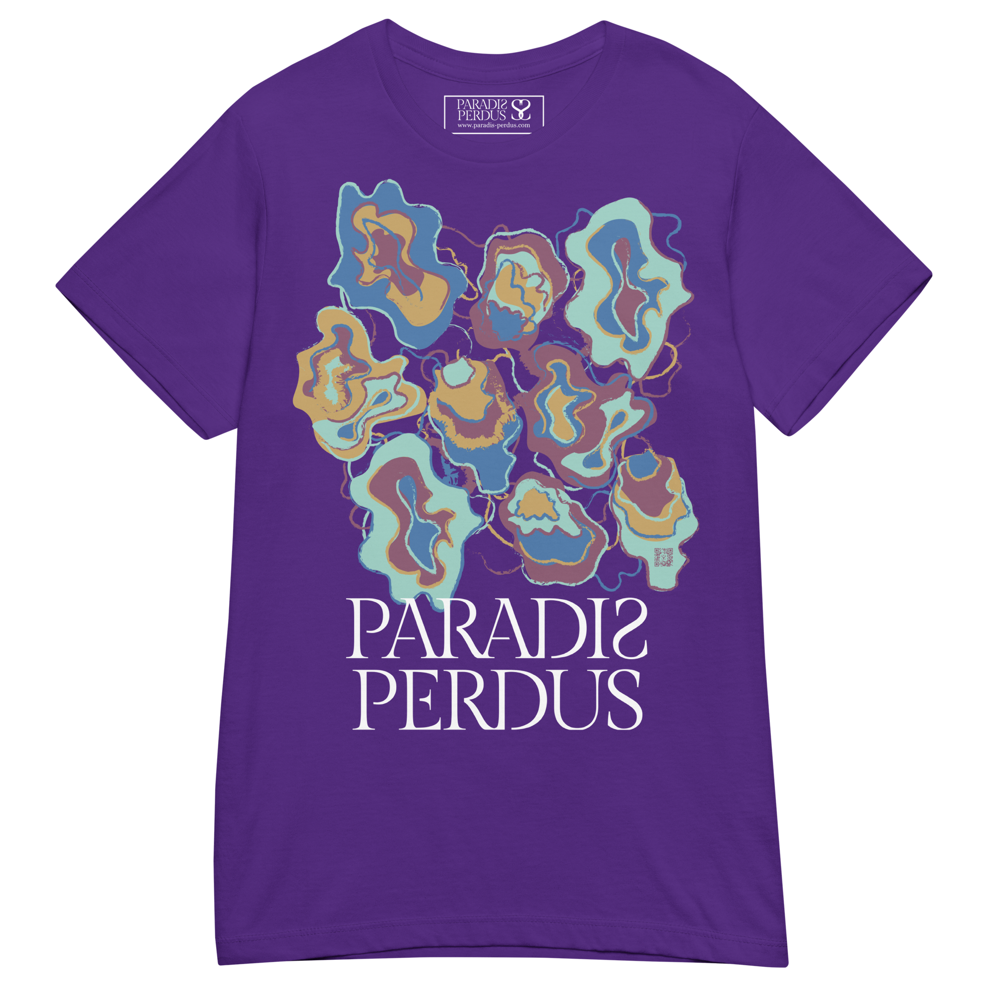 T-shirt cintré en coton violet zinzolin imprimé “Sfogliatelle” de Paradis Perdus® 3 Le KRUSH workshop boutique T-shirt cintré en coton violet zinzolin imprimé “Sfogliatelle” de Paradis Perdus® posé à plat devant