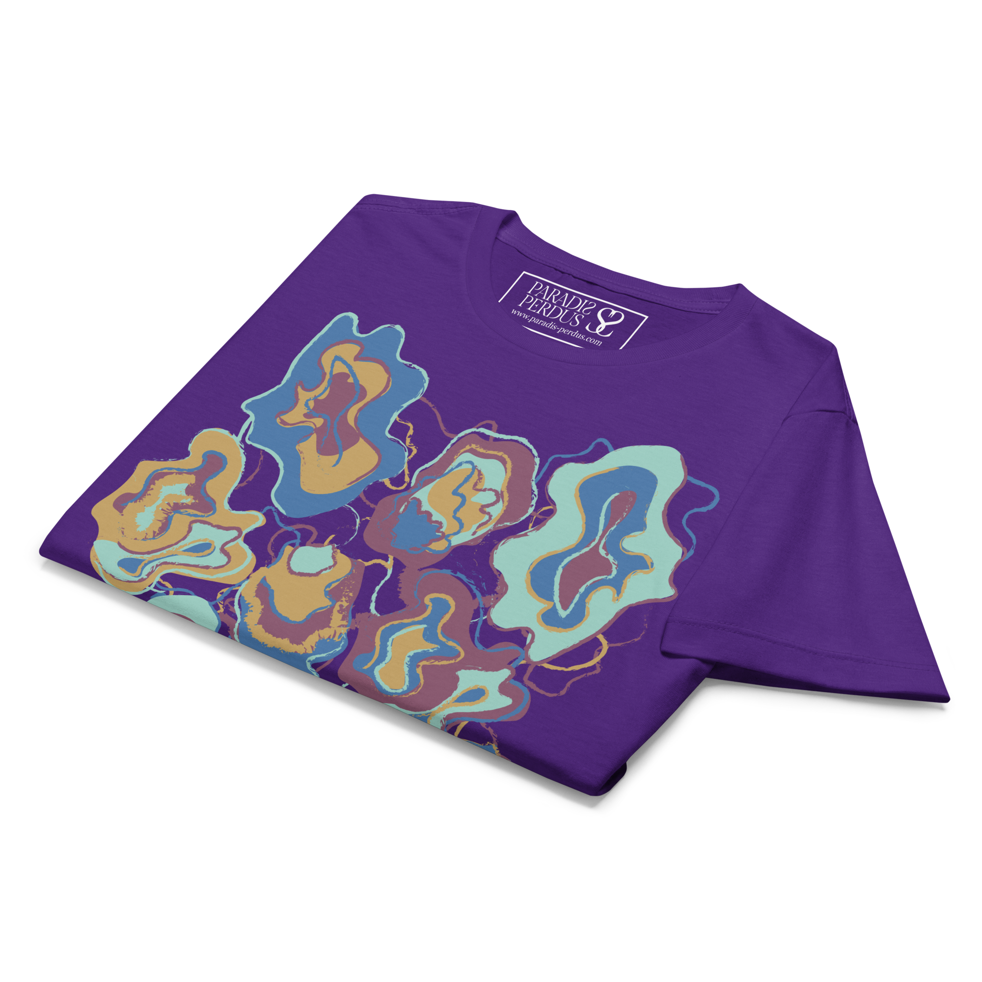 T-shirt cintré en coton violet zinzolin imprimé “Sfogliatelle” de Paradis Perdus® 8 Le KRUSH workshop boutique T-shirt cintré en coton violet zinzolin imprimé “Sfogliatelle” de Paradis Perdus® présenté plié en gros plan