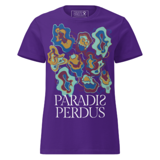 T-shirt cintré en coton violet zinzolin imprimé “Sfogliatelle” de Paradis Perdus® porté de devant