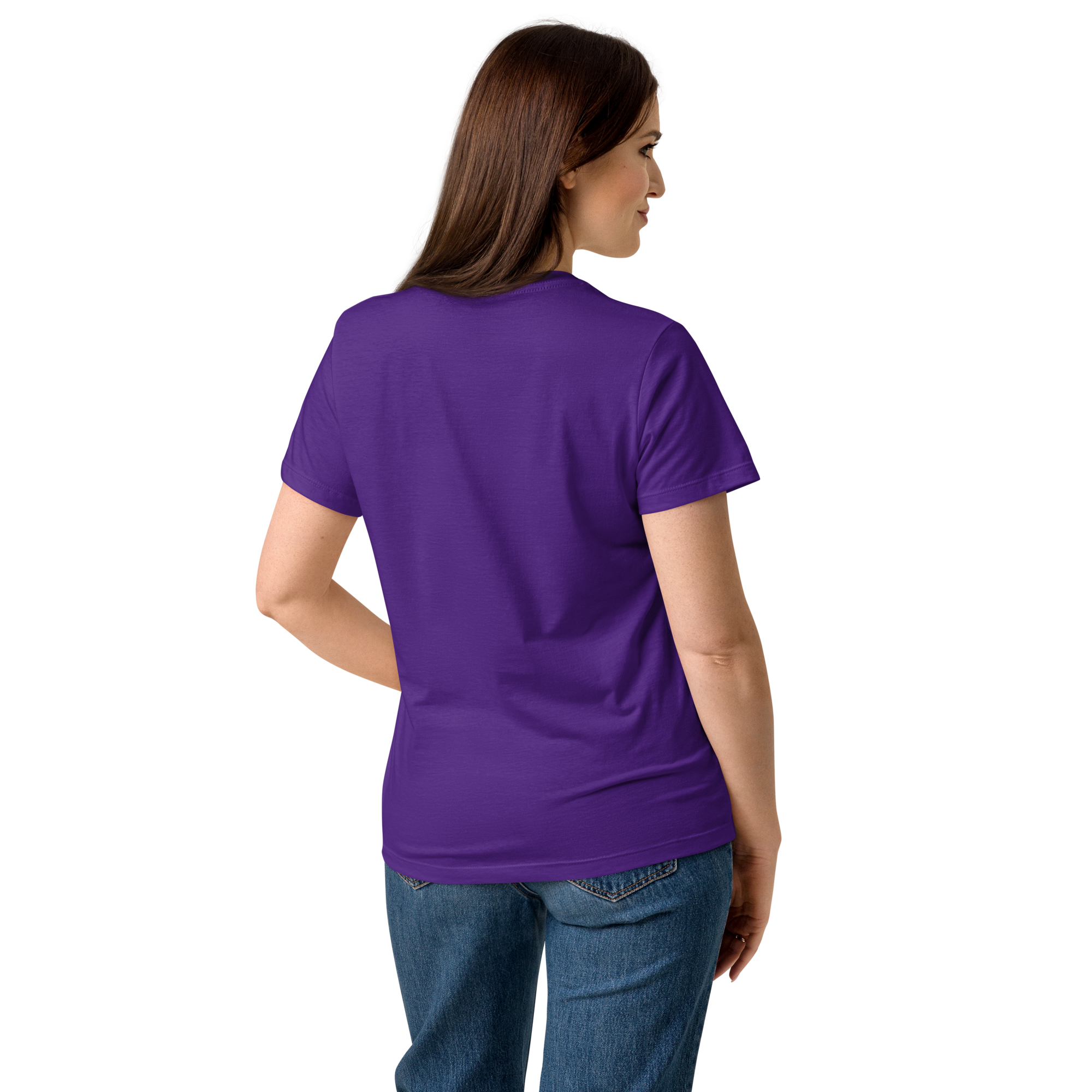 T-shirt cintré en coton violet zinzolin imprimé “Sfogliatelle” de Paradis Perdus® 6 Le KRUSH workshop boutique T-shirt cintré en coton violet zinzolin imprimé “Sfogliatelle” de Paradis Perdus® porté par une femme de dos