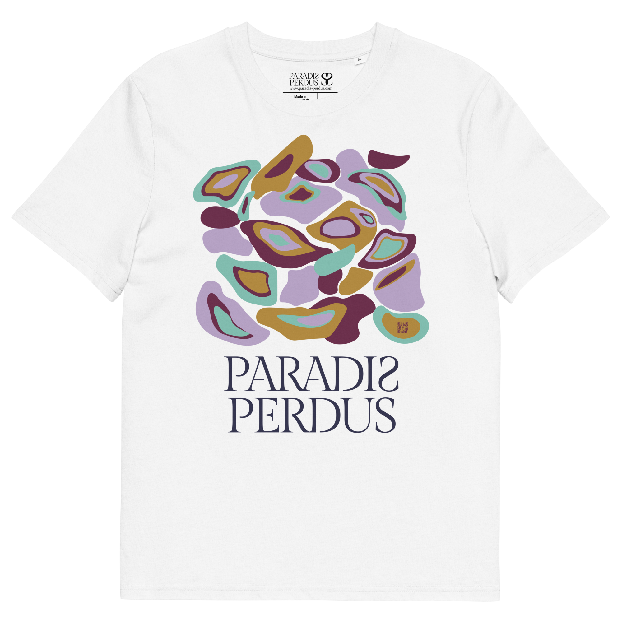 T-shirt en coton bio blanc intense imprimé “Panscro” de Paradis Perdus® 3 Le KRUSH workshop boutique T-shirt en coton bio blanc intense imprimé “Panscro” de Paradis Perdus® posé à plat devant