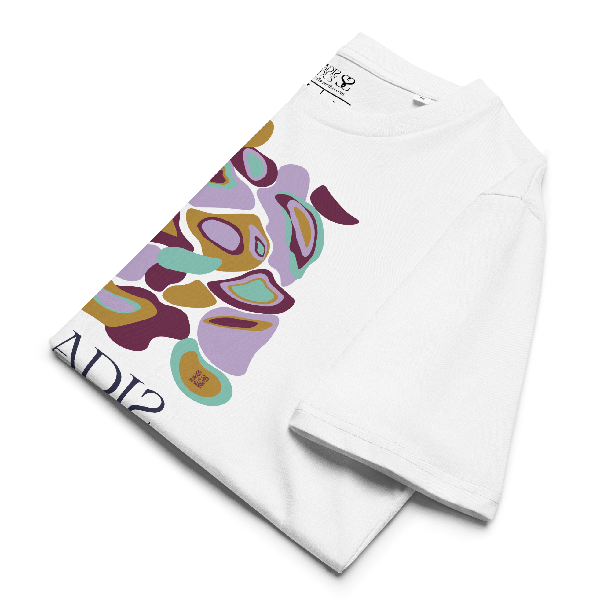 T-shirt en coton bio blanc intense imprimé “Panscro” de Paradis Perdus® 8 Le KRUSH workshop boutique T-shirt en coton bio blanc intense imprimé “Panscro” de Paradis Perdus® présenté plié en gros plan