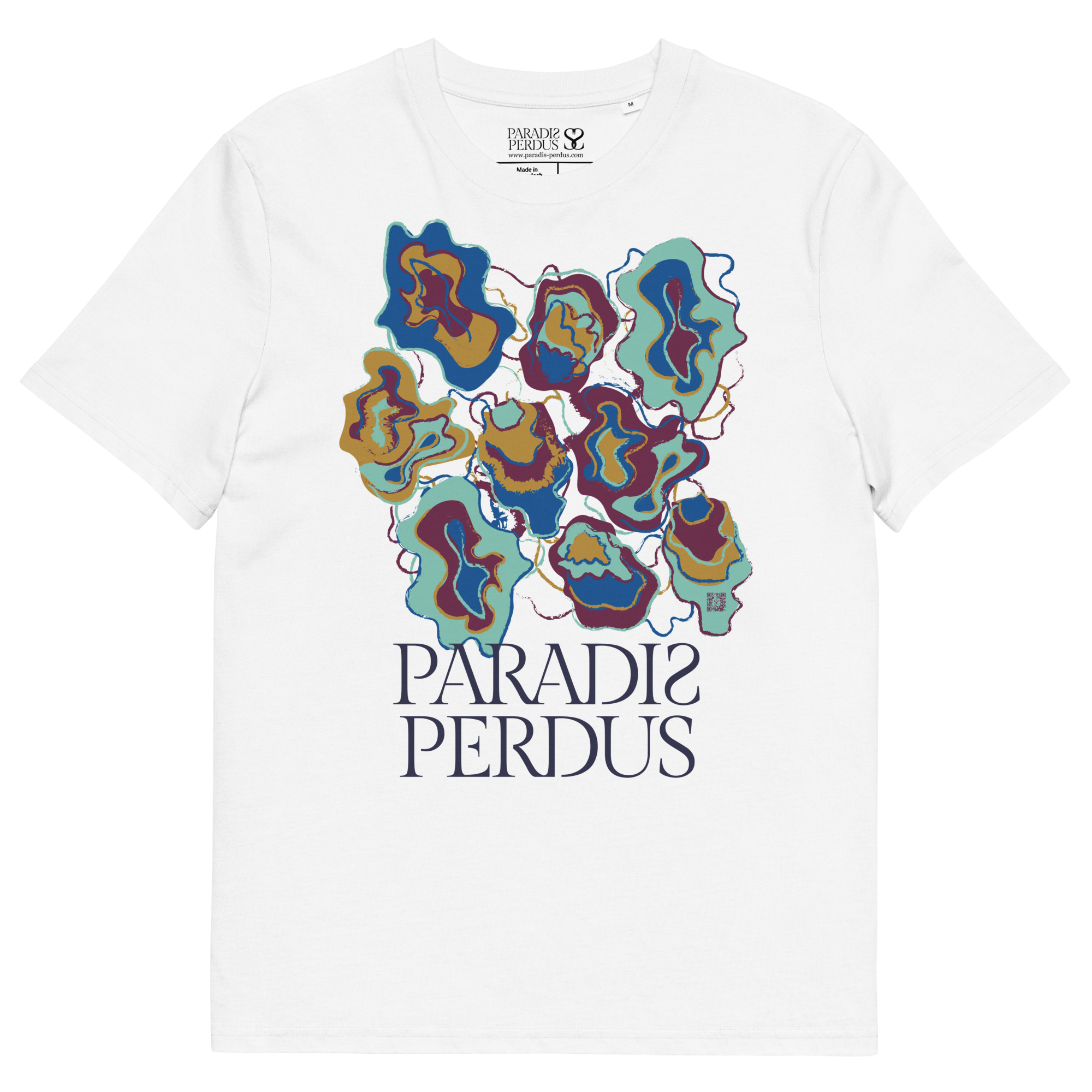 T-shirt en coton bio blanc intense imprimé "Sfogliatelle" de Paradis Perdus® 3 Le KRUSH workshop boutique T-shirt en coton bio blanc intense imprimé “Sfogliatelle” de Paradis Perdus® posé à plat devant