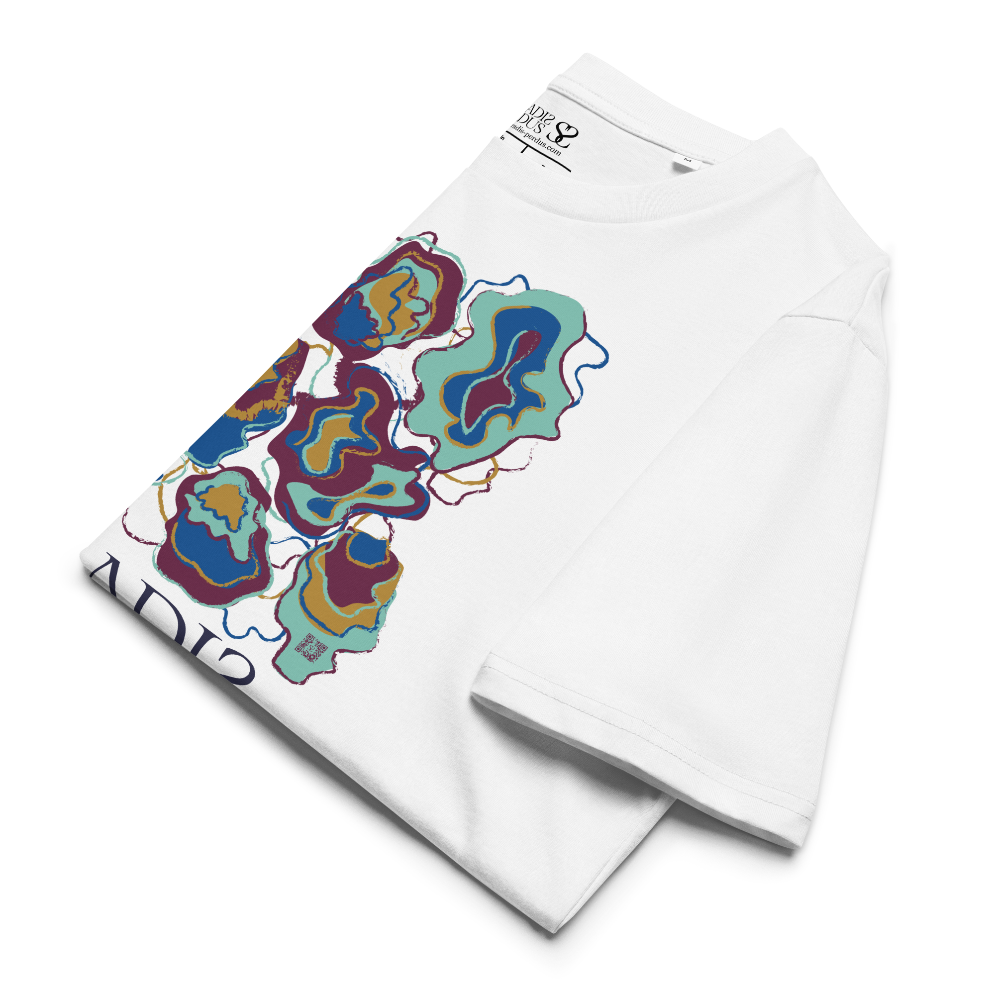 T-shirt en coton bio blanc intense imprimé "Sfogliatelle" de Paradis Perdus® 8 Le KRUSH workshop boutique T-shirt en coton bio blanc intense imprimé “Sfogliatelle” de Paradis Perdus® présenté plié en gros plan