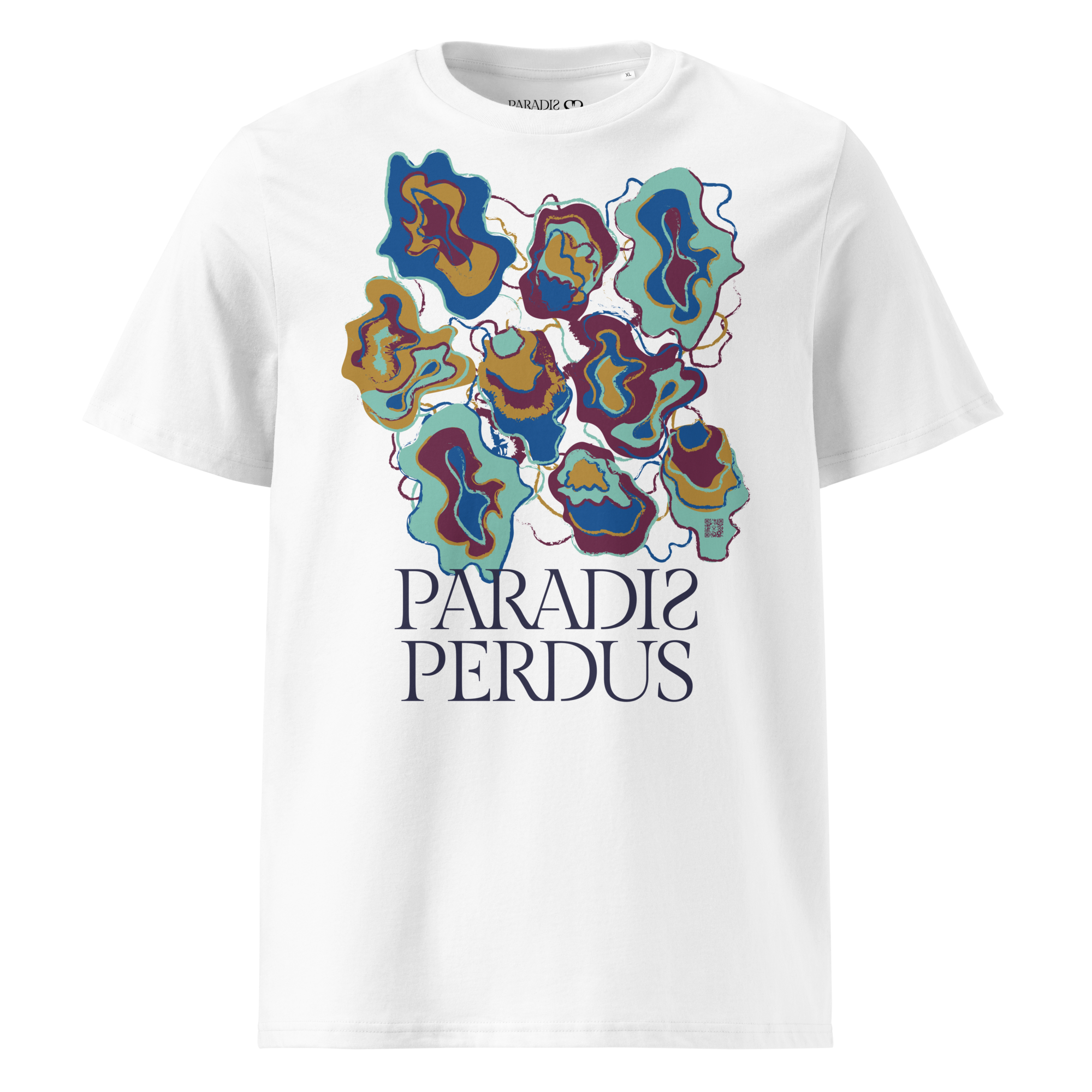 T-shirt en coton bio blanc intense imprimé "Sfogliatelle" de Paradis Perdus® 1 Le KRUSH workshop boutique T-shirt en coton bio blanc intense imprimé “Sfogliatelle” de Paradis Perdus® porté de devant
