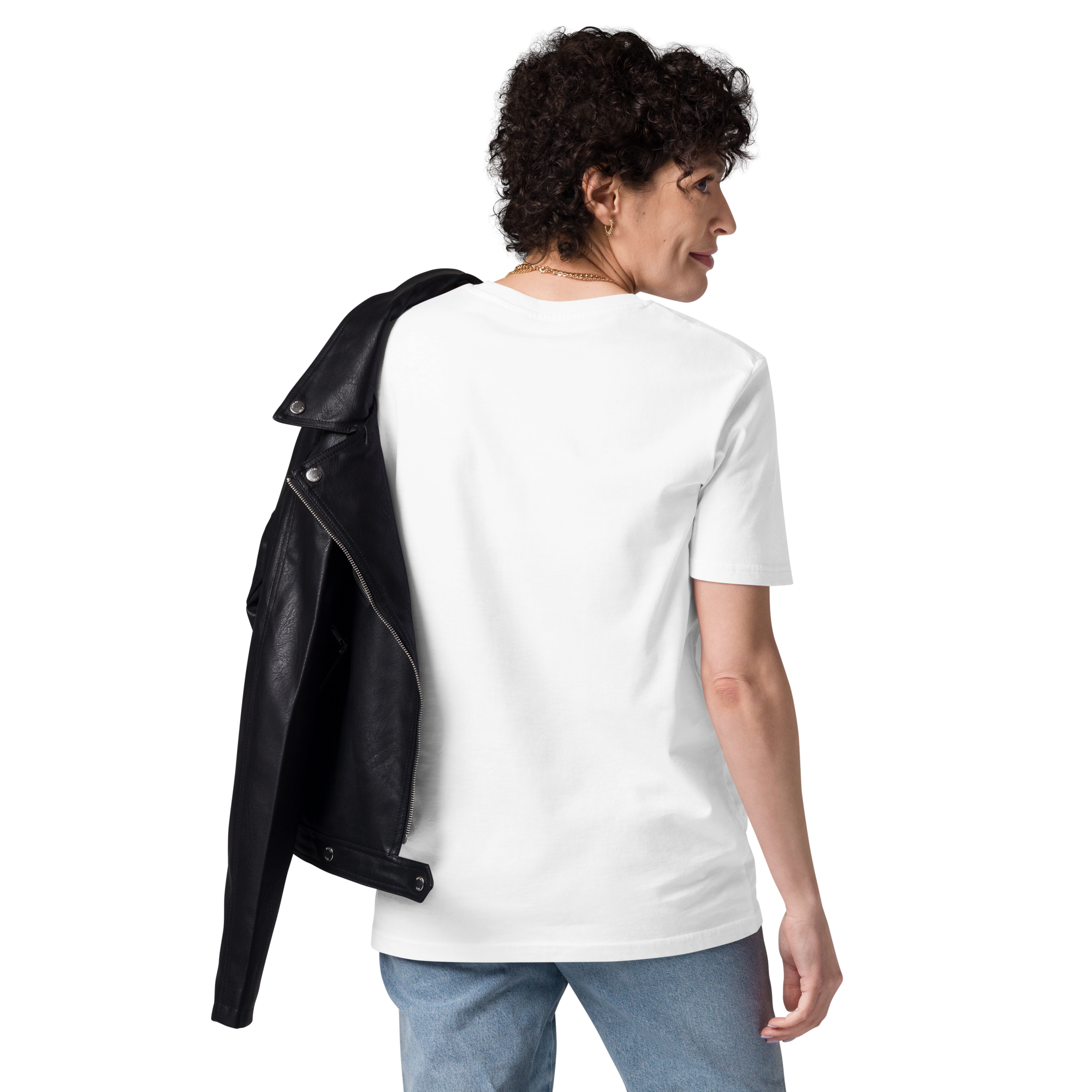 T-shirt en coton bio blanc intense imprimé "Sfogliatelle" de Paradis Perdus® 6 Le KRUSH workshop boutique T-shirt en coton bio blanc intense imprimé “Sfogliatelle” de Paradis Perdus® porté par une femme de dos