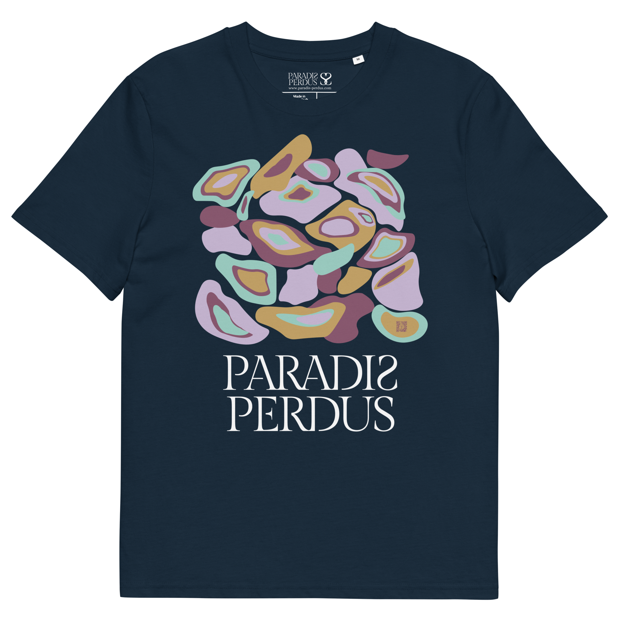 T-shirt en coton bio bleu marine imprimé “Panscro” de Paradis Perdus® 7 Le KRUSH workshop boutique T-shirt en coton bio bleu marine imprimé “Panscro” de Paradis Perdus® posé à plat devant