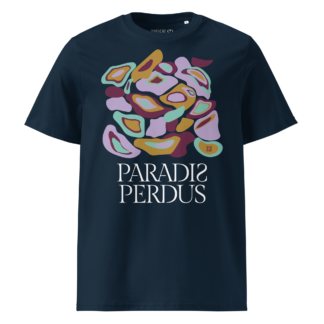 T-shirt en coton bio bleu marine imprimé “Panscro” de Paradis Perdus® porté de devant