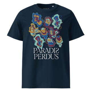 T-shirt en coton bio bleu marine imprimé “Sfogliatelle” de Paradis Perdus® porté de devant
