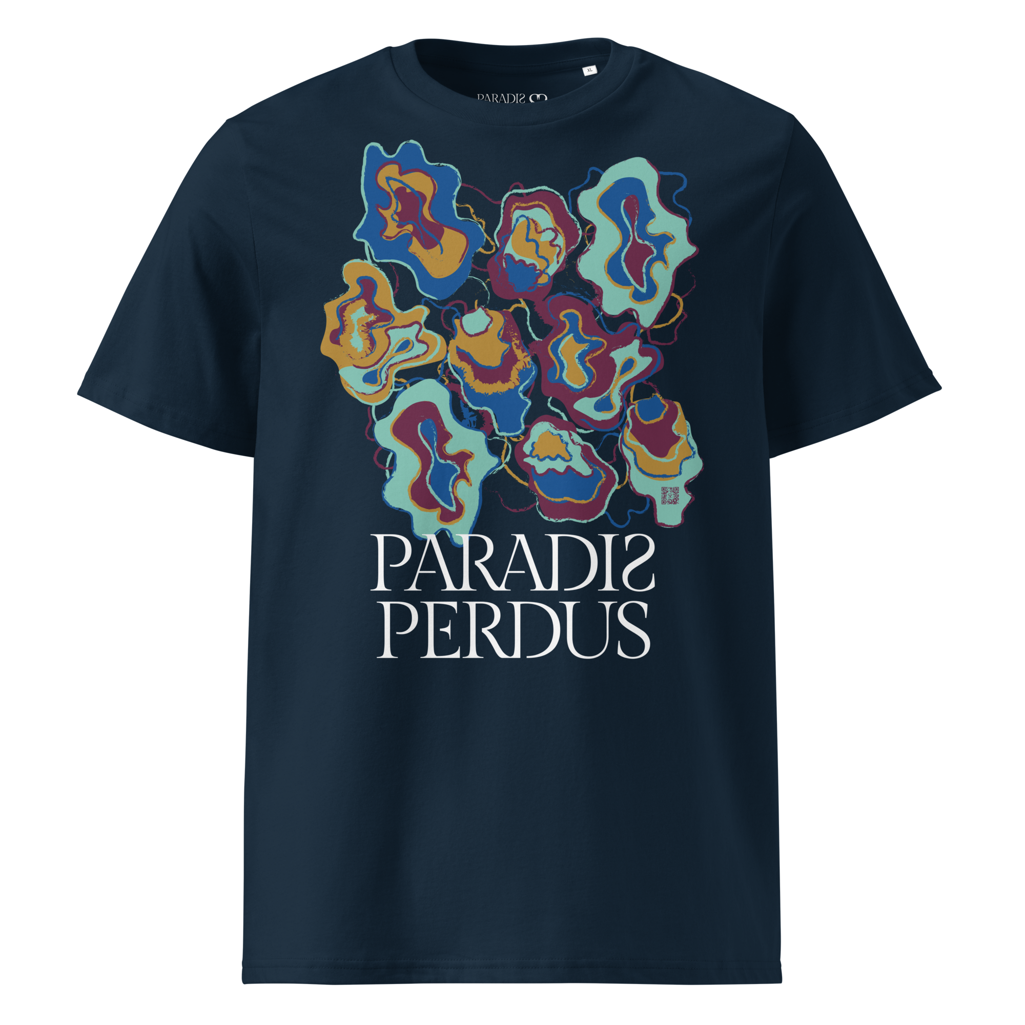 T-shirt en coton bio bleu marine imprimé "Sfogliatelle" de Paradis Perdus® 1 Le KRUSH workshop boutique T-shirt en coton bio bleu marine imprimé “Sfogliatelle” de Paradis Perdus® porté de devant