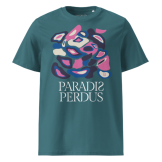 T-shirt en coton bio bleu sarcelle imprimé “Panscro” de Paradis Perdus® porté de devant