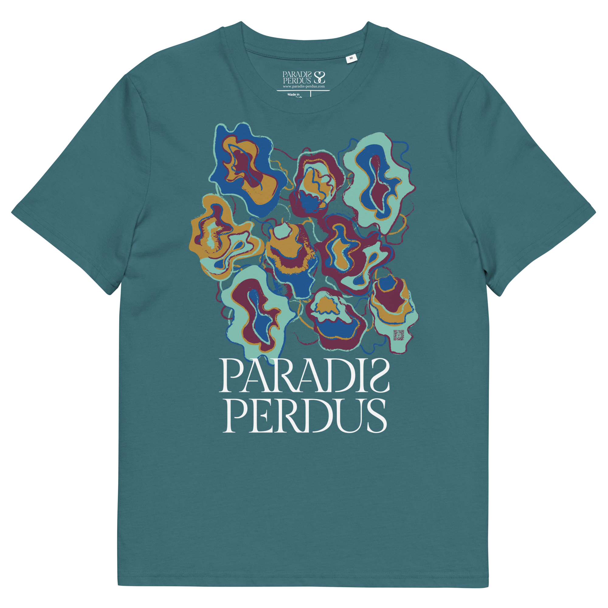T-shirt en coton bio bleu sarcelle imprimé “Sfogliatelle” de Paradis Perdus® 3 Le KRUSH workshop boutique T-shirt en coton bio bleu sarcelle imprimé “Sfogliatelle” de Paradis Perdus® posé à plat devant