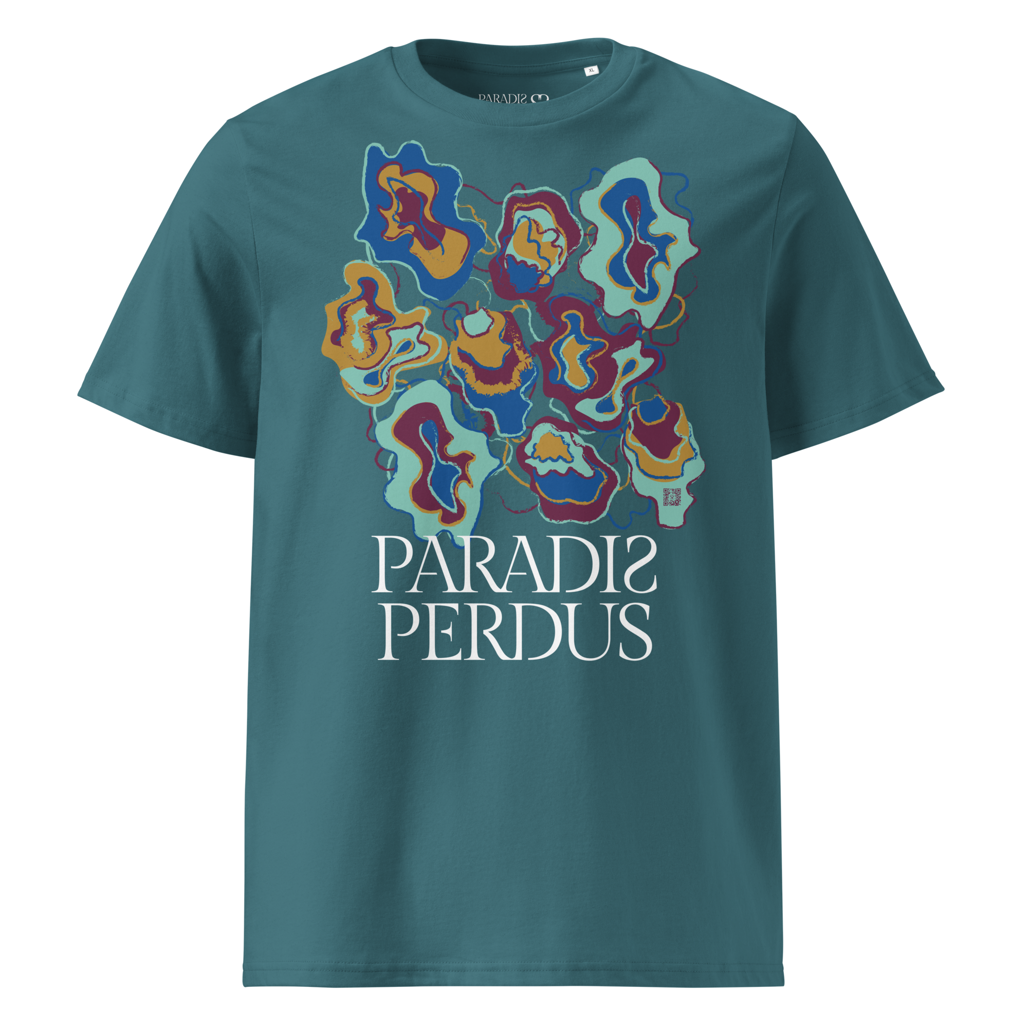 T-shirt en coton bio bleu sarcelle imprimé “Sfogliatelle” de Paradis Perdus® 1 Le KRUSH workshop boutique T-shirt en coton bio blu sarcelle imprimé “Sfogliatelle” de Paradis Perdus® porté de devant