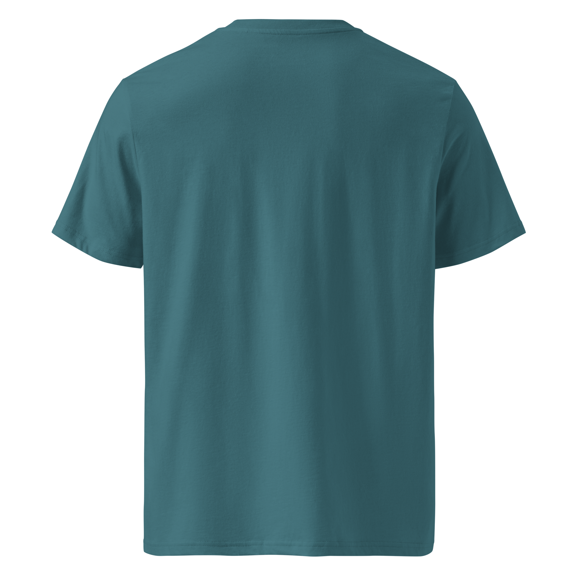 T-shirt en coton bio bleu sarcelle imprimé “Sfogliatelle” de Paradis Perdus® 2 Le KRUSH workshop boutique T-shirt en coton bio bleu sarcelle imprimé “Sfogliatelle” de Paradis Perdus® porté de dos