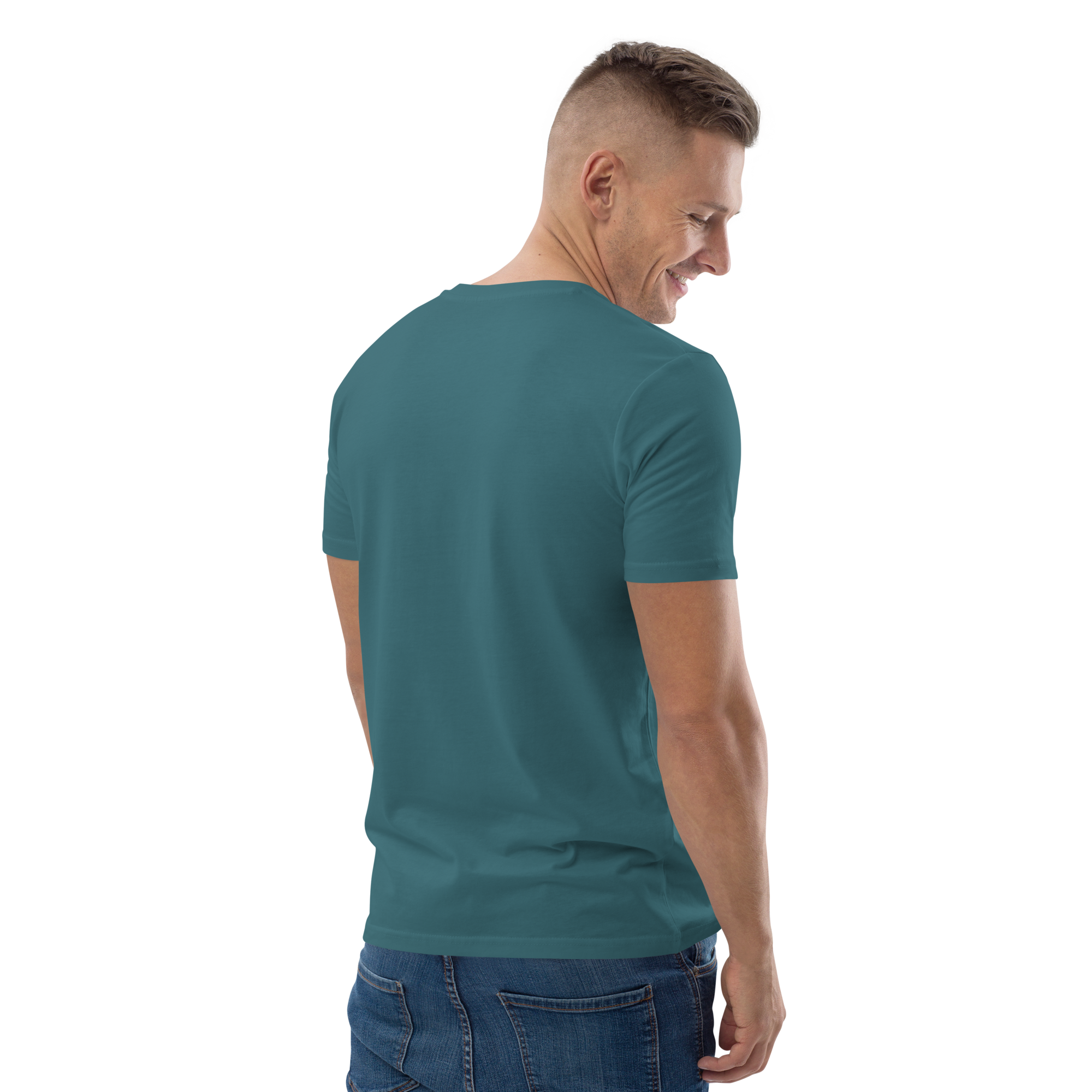 T-shirt en coton bio bleu sarcelle imprimé “Sfogliatelle” de Paradis Perdus® 6 Le KRUSH workshop boutique T-shirt en coton bio bleu sarcelle imprimé “Sfogliatelle” de Paradis Perdus® porté par un homme de dos