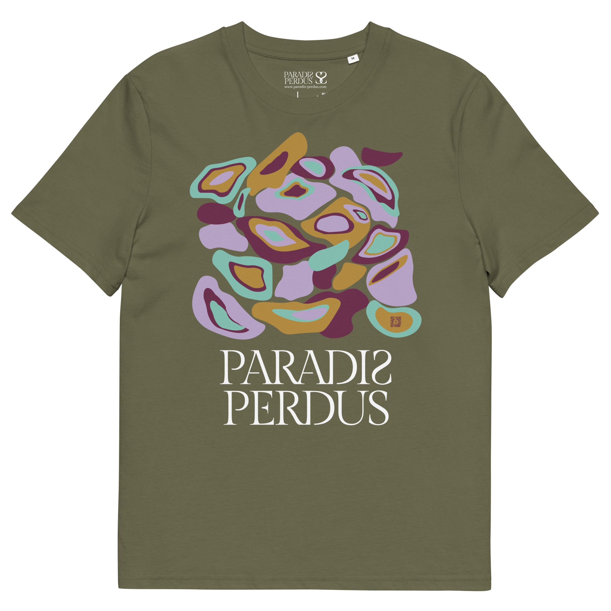 T-shirt en coton bio kaki army imprimé “Panscro” de Paradis Perdus® 3 Le KRUSH workshop boutique T-shirt en coton bio kaki army imprimé “Panscro” de Paradis Perdus® posé à plat devant