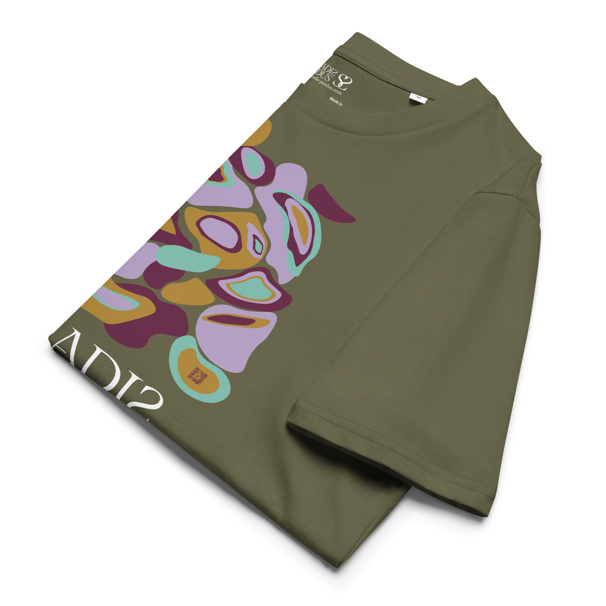 T-shirt en coton bio kaki army imprimé “Panscro” de Paradis Perdus® 8 Le KRUSH workshop boutique T-shirt en coton bio kaki army imprimé “Panscro” de Paradis Perdus® présenté plié en gros plan