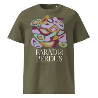 T-shirt en coton bio kaki army imprimé “Panscro” de Paradis Perdus® porté de devant
