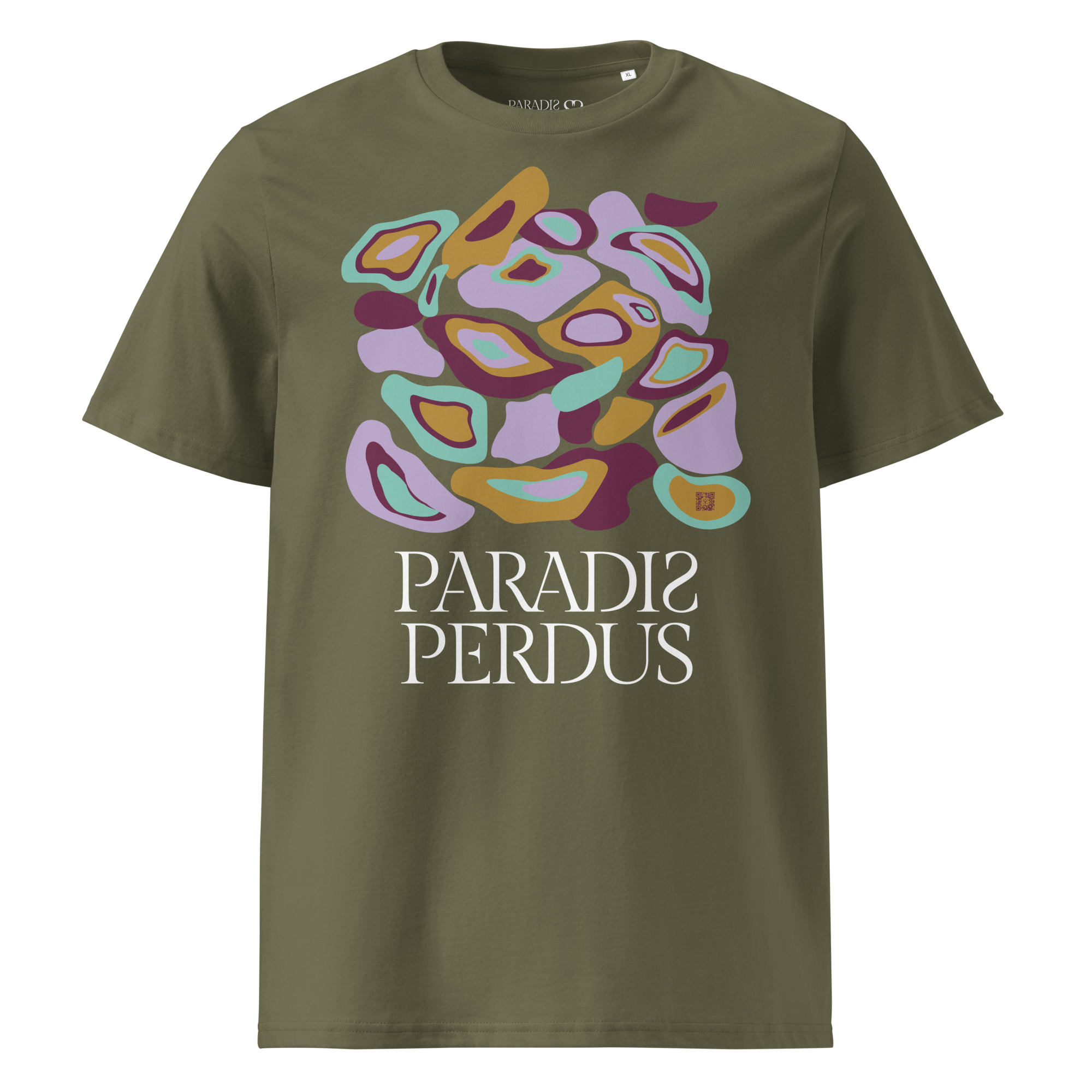 T-shirt en coton bio kaki army imprimé “Panscro” de Paradis Perdus® 1 Le KRUSH workshop boutique T-shirt en coton bio kaki army imprimé “Panscro” de Paradis Perdus® porté de devant