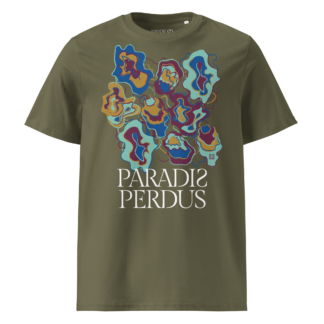 T-shirt en coton bio kaki army imprimé “Sfogliatelle” de Paradis Perdus® porté de devant