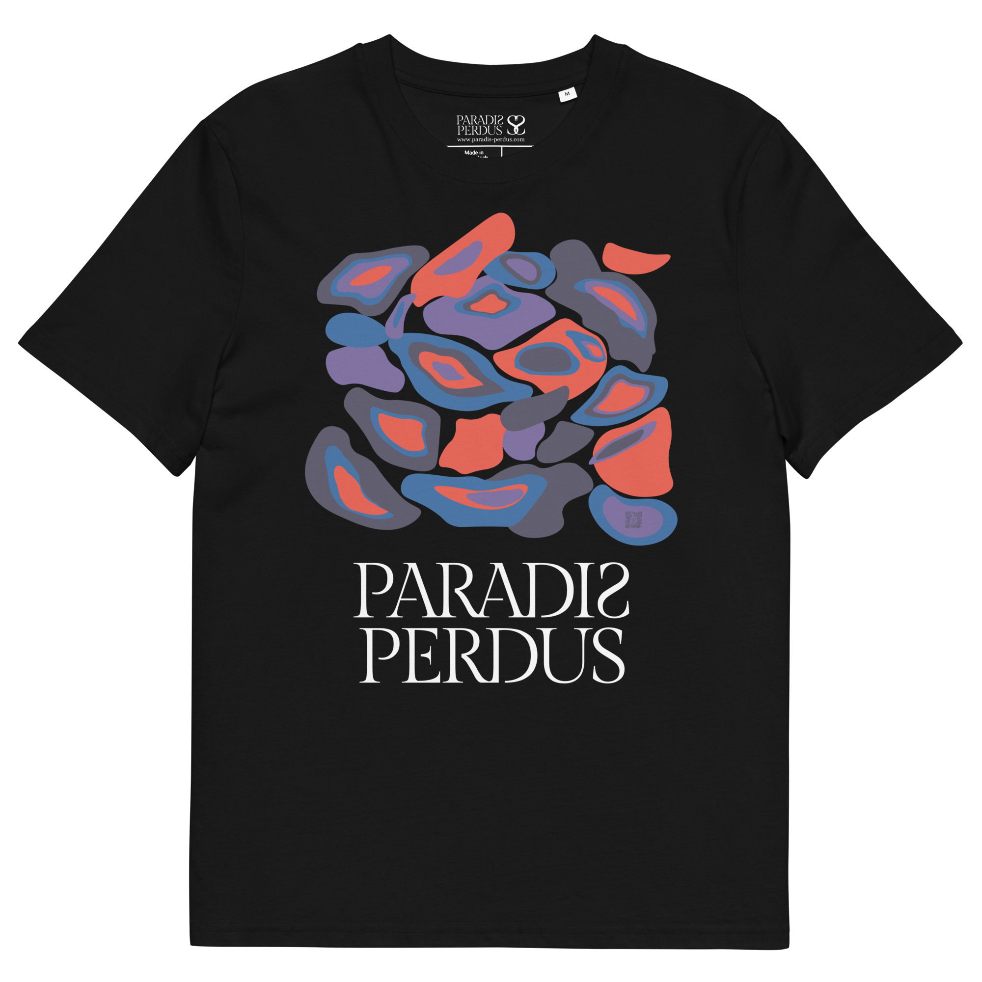 T-shirt en coton bio noir profond imprimé "Panscro" de Paradis Perdus® 3 Le KRUSH workshop boutique T-shirt en coton bio noir profond imprimé “Panscro” de Paradis Perdus® posé à plat devant