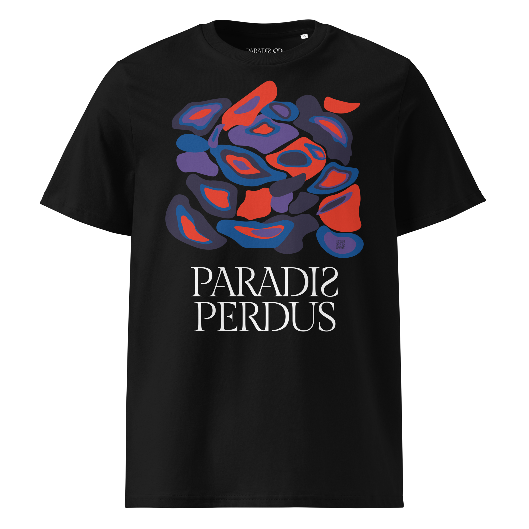 T-shirt en coton bio noir profond imprimé "Panscro" de Paradis Perdus® 1 Le KRUSH workshop boutique T-shirt en coton bio noir profond imprimé “Panscro” de Paradis Perdus® porté de devant