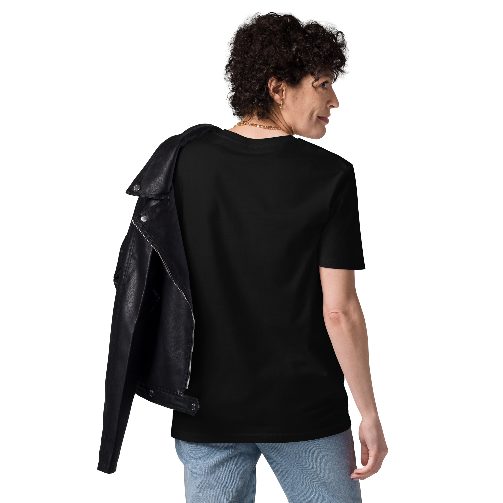 T-shirt en coton bio noir profond imprimé "Panscro" de Paradis Perdus® 6 Le KRUSH workshop boutique T-shirt en coton bio noir profond imprimé “Panscro” de Paradis Perdus® porté par une femme de dos