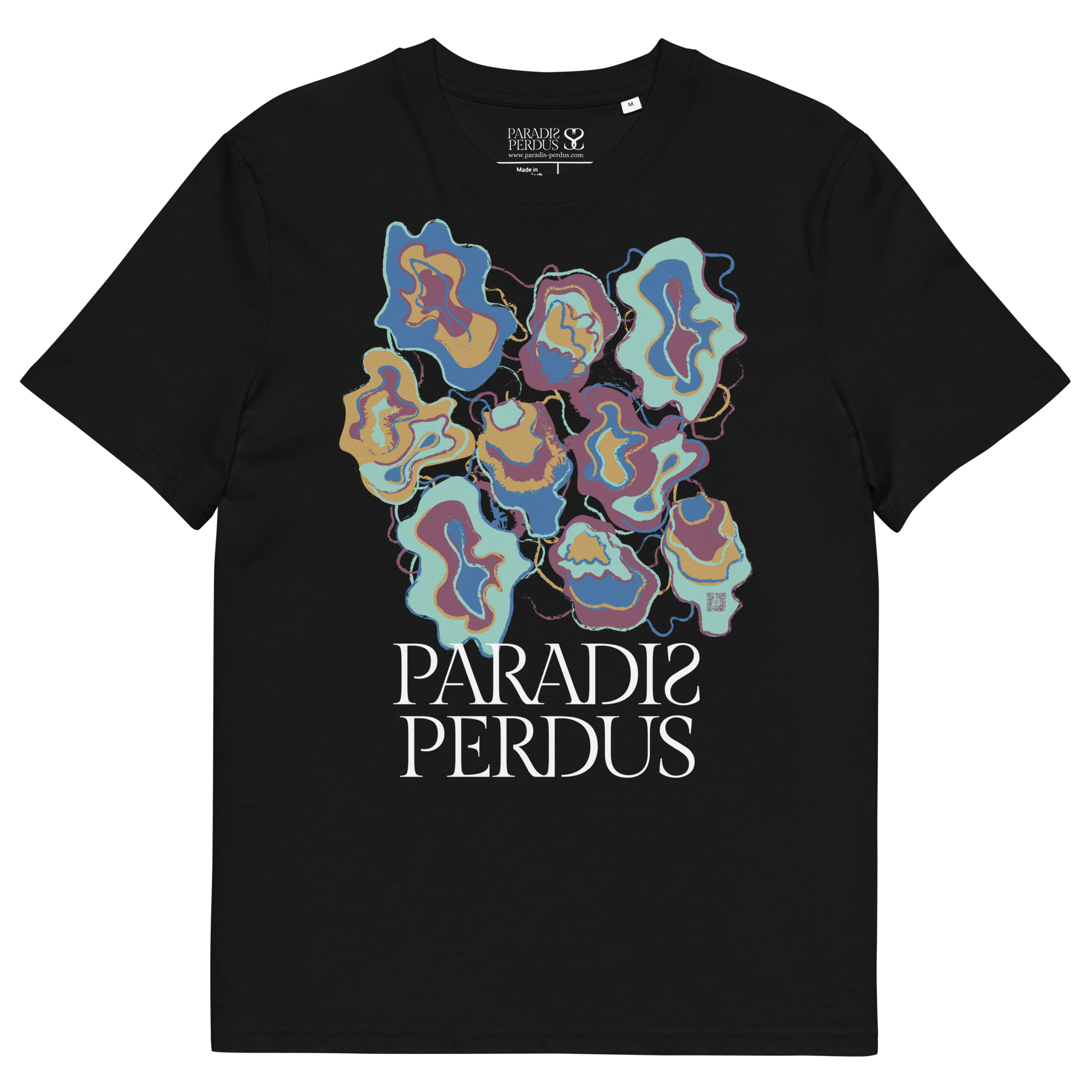 T-shirt en coton bio noir profond imprimé “Sfogliatelle” de Paradis Perdus® 3 Le KRUSH workshop boutique T-shirt en coton bio noir profond imprimé “Sfogliatelle” de Paradis Perdus® posé à plat devant