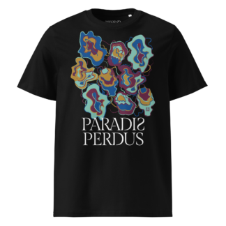 T-shirt en coton bio noir profond imprimé “Sfogliatelle” de Paradis Perdus® porté de devant