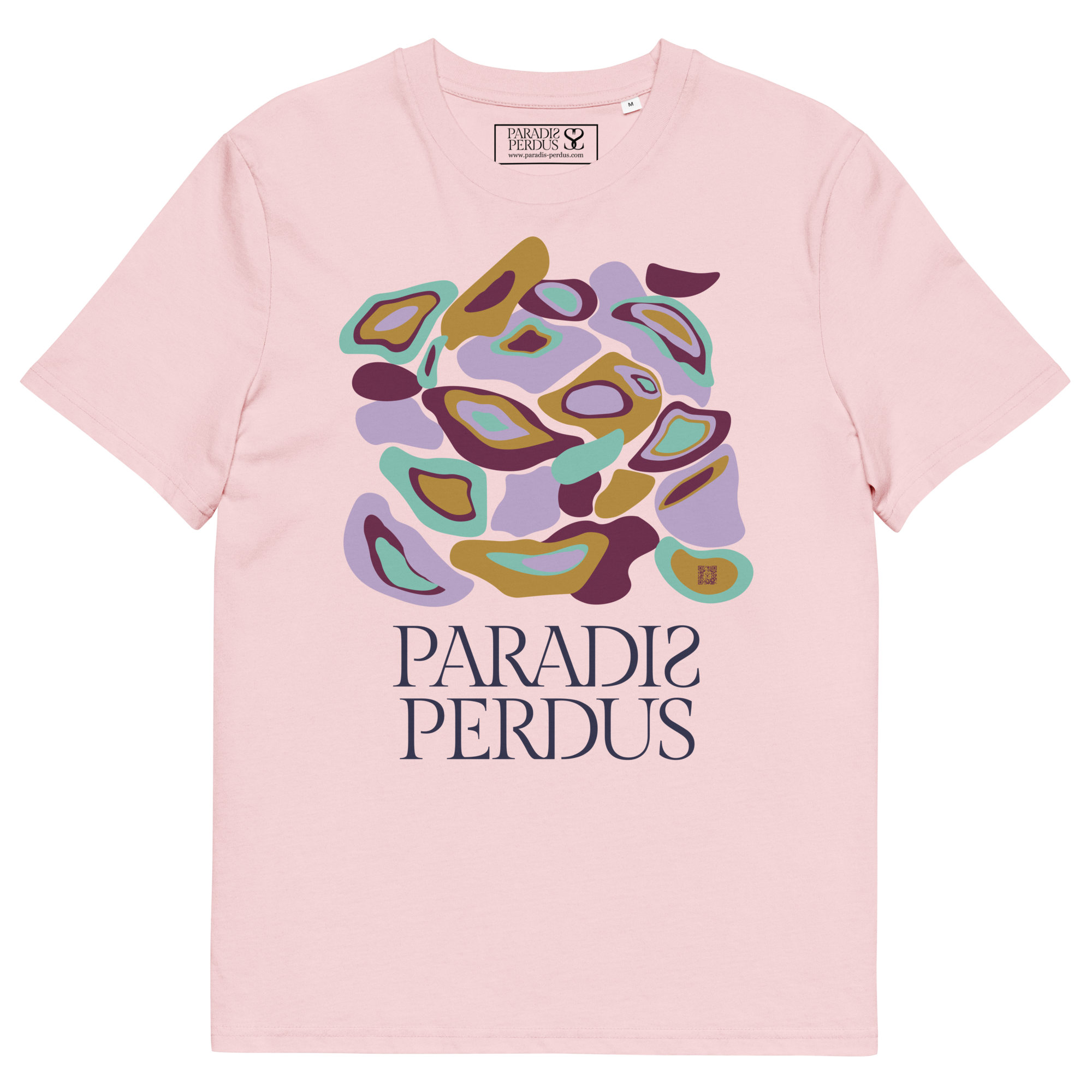 T-shirt en coton bio rose cuisse de nymphe imprimé “Panscro” de Paradis Perdus® 3 Le KRUSH workshop boutique T-shirt en coton bio rose cuisse de nymphe imprimé “Panscro” de Paradis Perdus® posé à plat devant