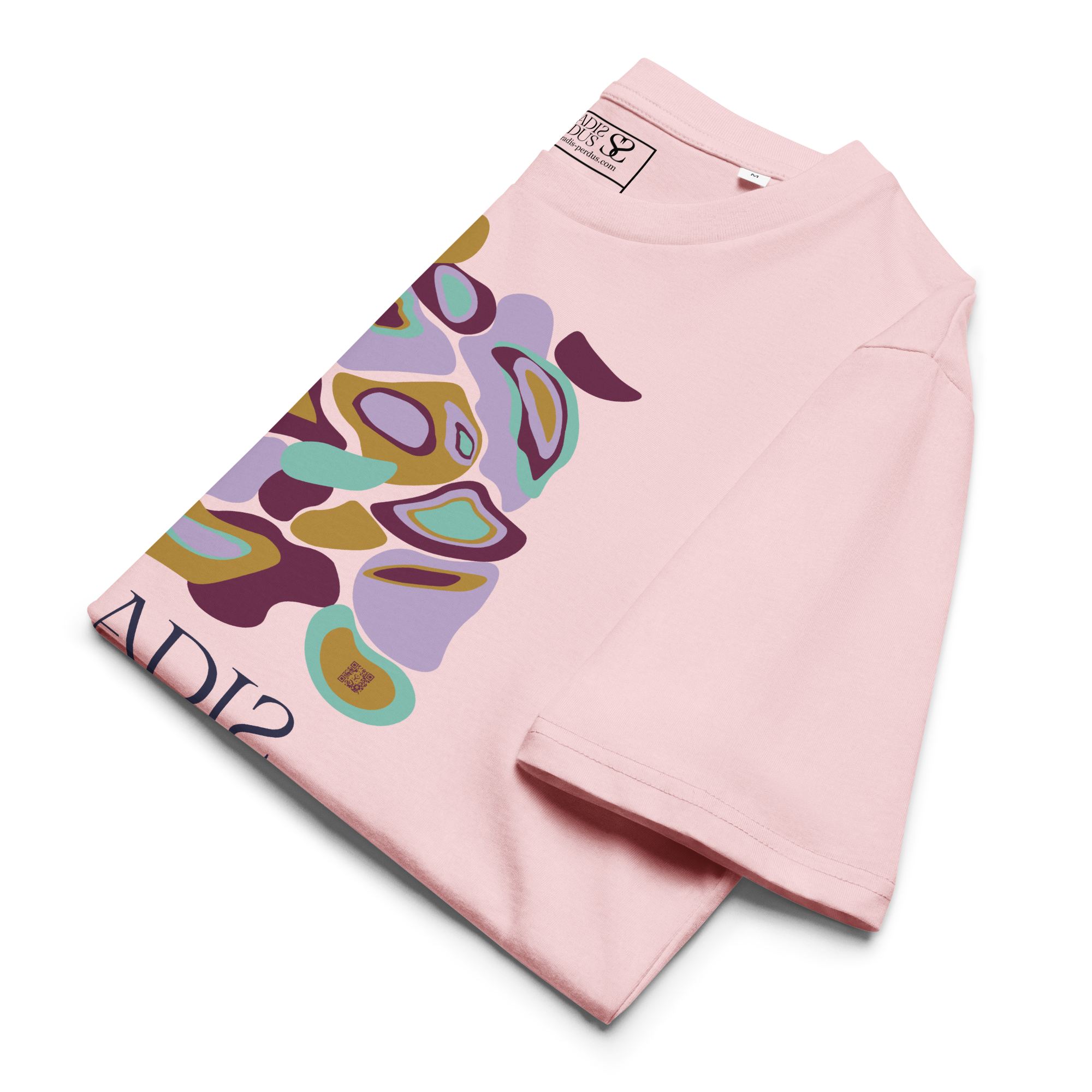 T-shirt en coton bio rose cuisse de nymphe imprimé “Panscro” de Paradis Perdus® 8 Le KRUSH workshop boutique T-shirt en coton bio rose cuisse de nymphe imprimé “Panscro” de Paradis Perdus® présenté plié en gros plan