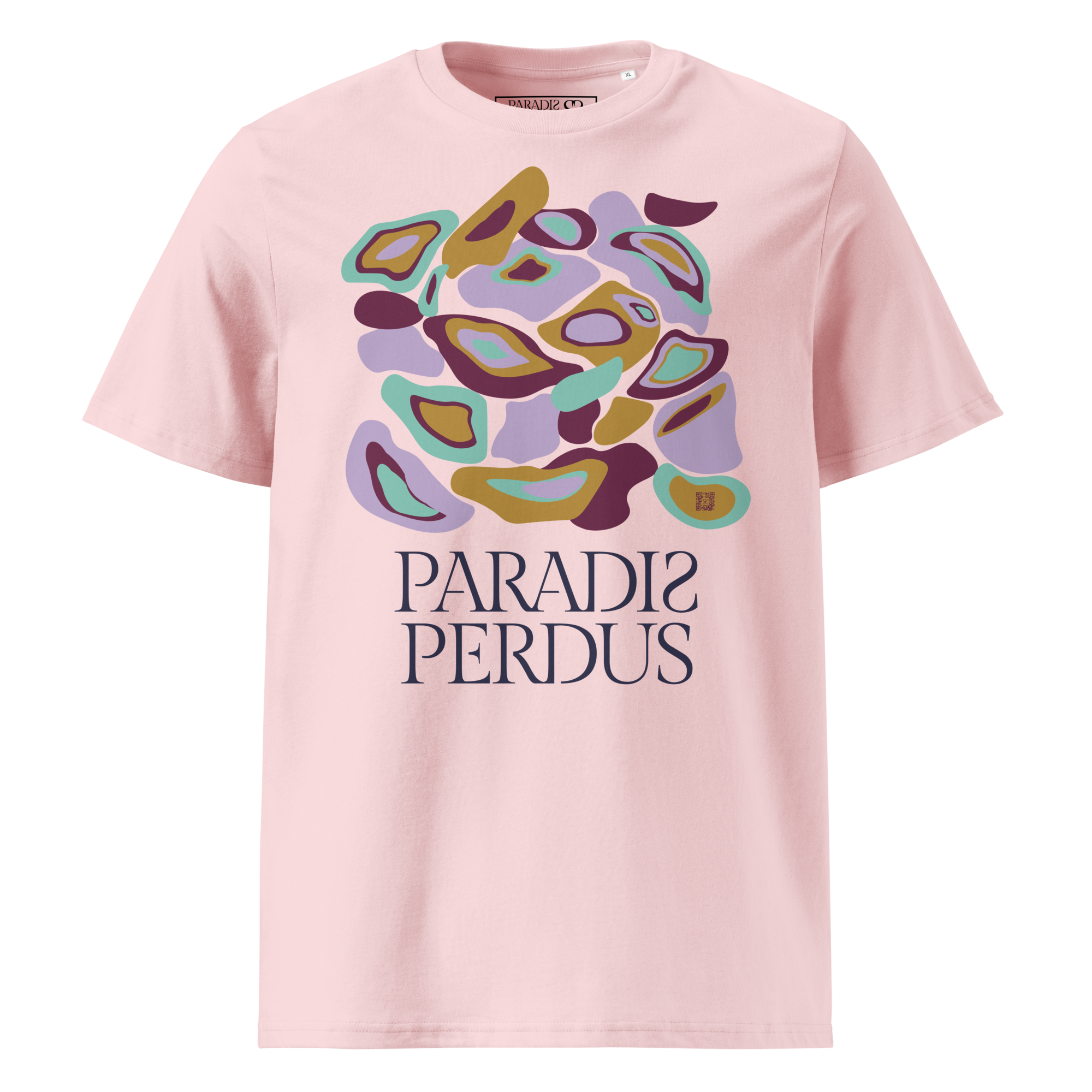 T-shirt en coton bio rose cuisse de nymphe imprimé “Panscro” de Paradis Perdus® 1 Le KRUSH workshop boutique T-shirt en coton bio rose cuisse de nymphe imprimé “Panscro” de Paradis Perdus® porté de devant
