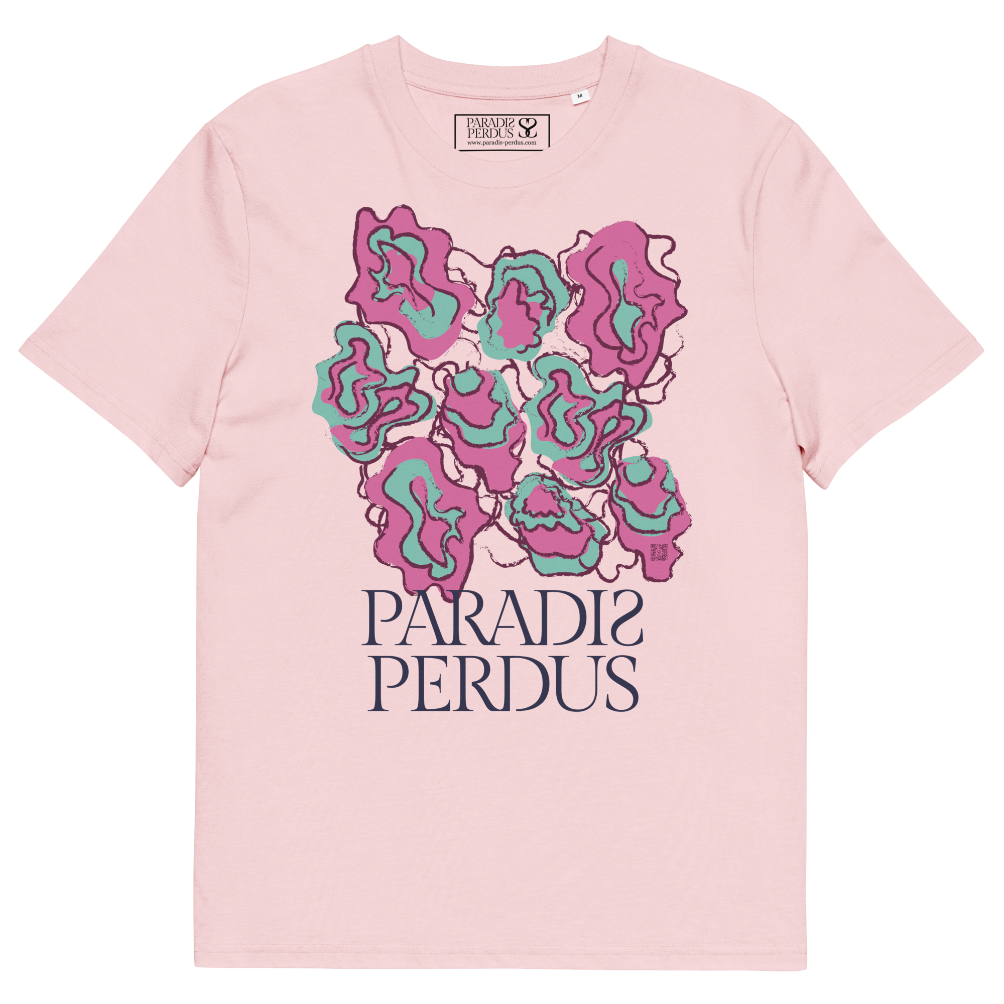 T-shirt en coton bio rose cuisse de nymphe imprimé “Sfogliatelle” de Paradis Perdus® 3 Le KRUSH workshop boutique T-shirt en coton bio rose cuisse de nymphe imprimé “Sfogliatelle” de Paradis Perdus® posé à plat devant