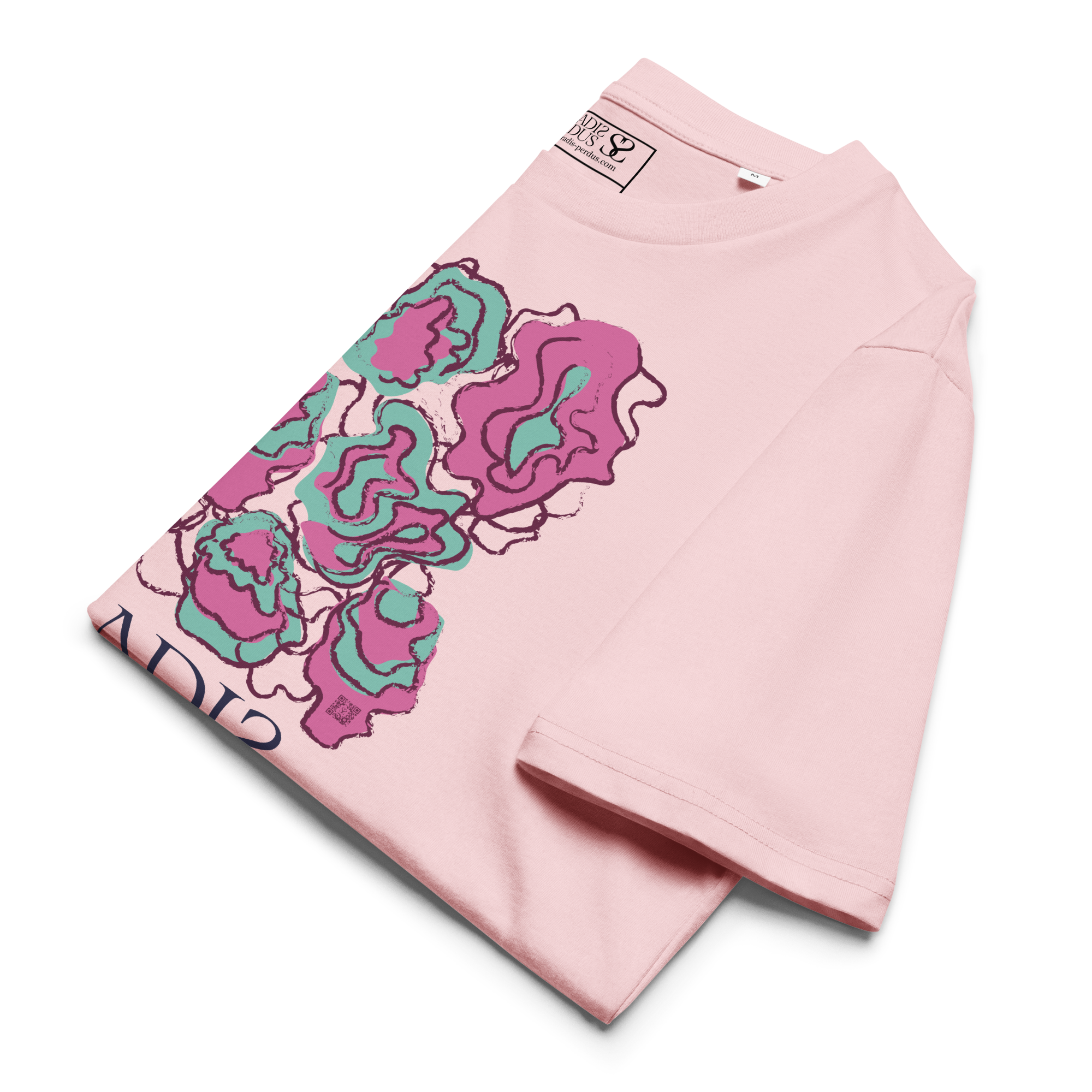 T-shirt en coton bio rose cuisse de nymphe imprimé “Sfogliatelle” de Paradis Perdus® 8 Le KRUSH workshop boutique T-shirt en coton bio rose cuisse de nymphe imprimé “Sfogliatelle” de Paradis Perdus® présenté plié en gros plan