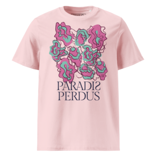 T-shirt en coton bio rose cuisse de nymphe imprimé “Sfogliatelle” de Paradis Perdus® porté de devant