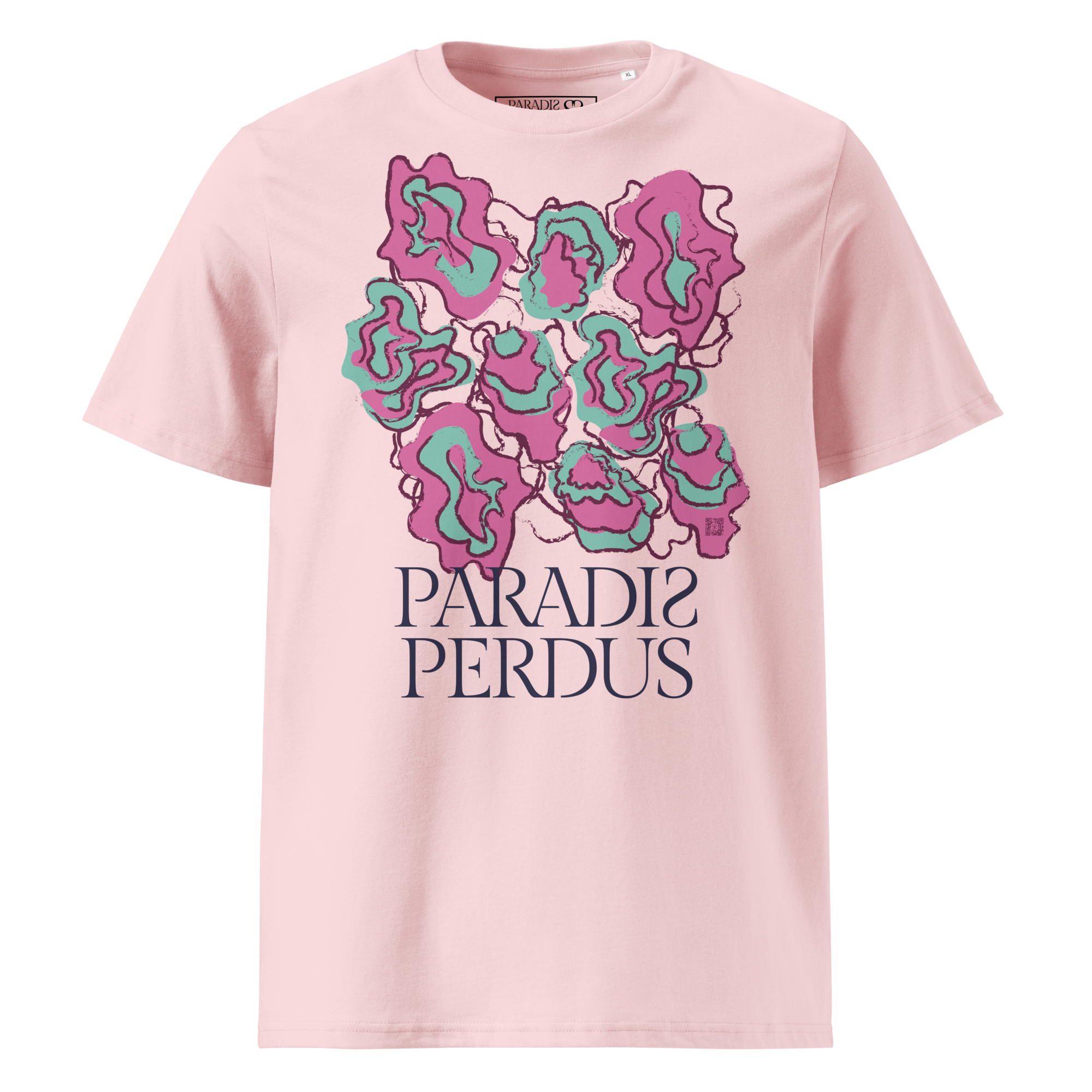 T-shirt en coton bio rose cuisse de nymphe imprimé “Sfogliatelle” de Paradis Perdus® 1 Le KRUSH workshop boutique T-shirt en coton bio rose cuisse de nymphe imprimé “Sfogliatelle” de Paradis Perdus® porté de devant