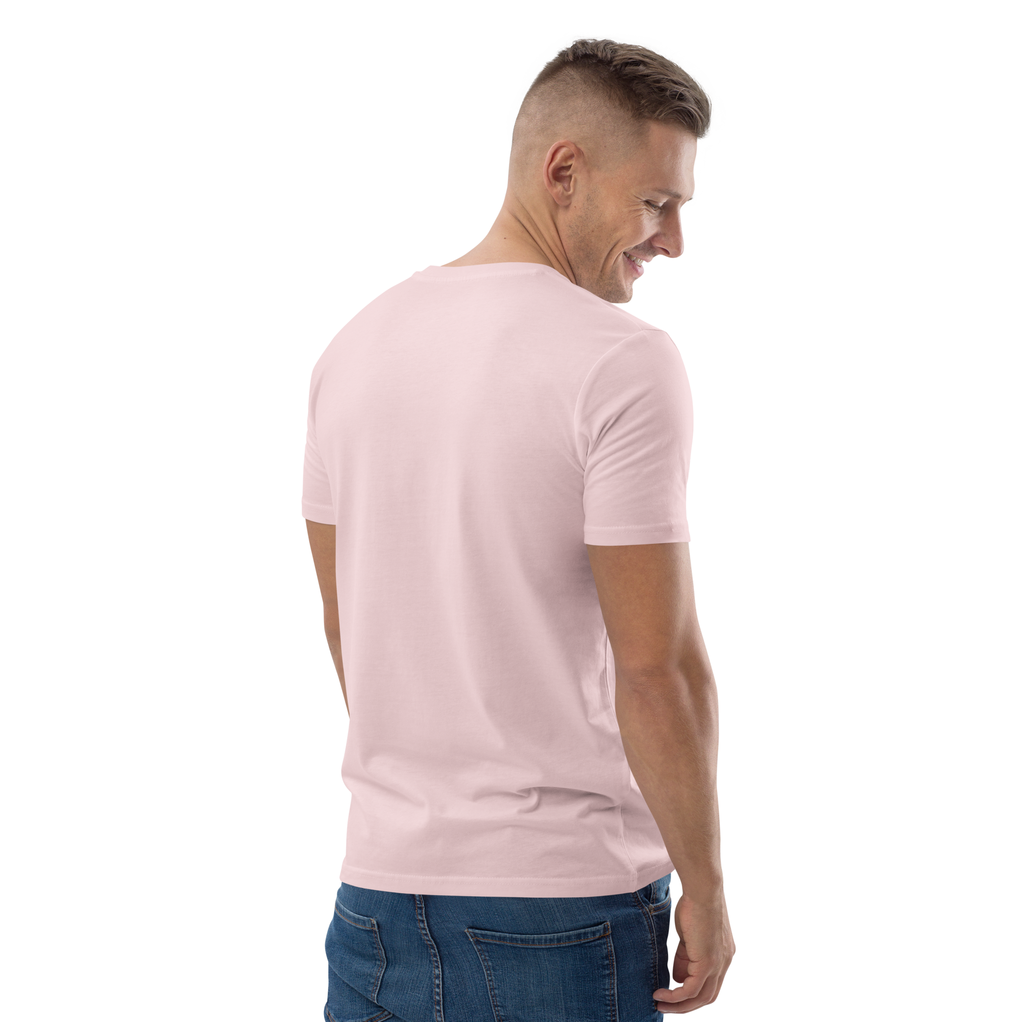 T-shirt en coton bio rose cuisse de nymphe imprimé “Sfogliatelle” de Paradis Perdus® 6 Le KRUSH workshop boutique T-shirt en coton bio rose cuisse de nymphe imprimé “Sfogliatelle” de Paradis Perdus® porté par un homme de dos