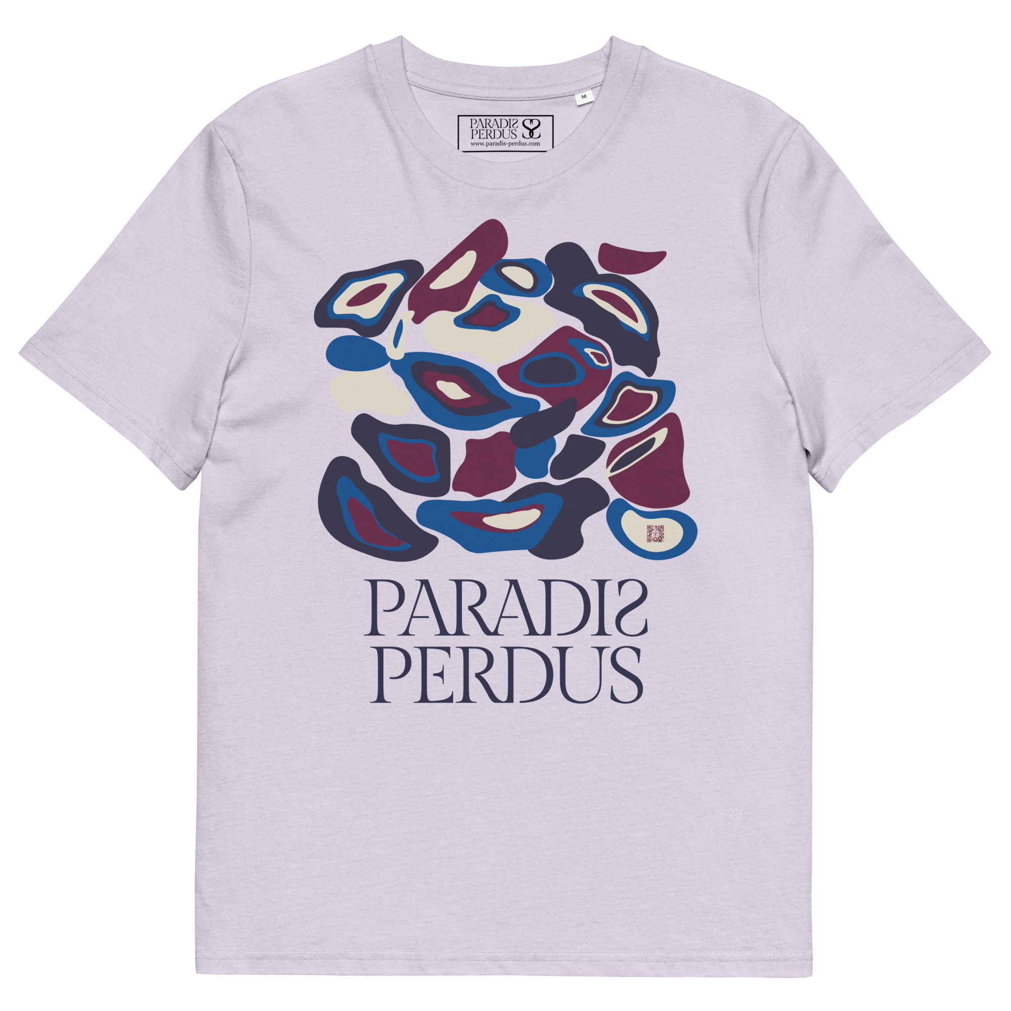 T-shirt en coton bio rose glycine clair imprimé "Panscro" de Paradis Perdus® 3 Le KRUSH workshop boutique T-shirt en coton bio rose glycine clair imprimé “Panscro” de Paradis Perdus® posé à plat devant