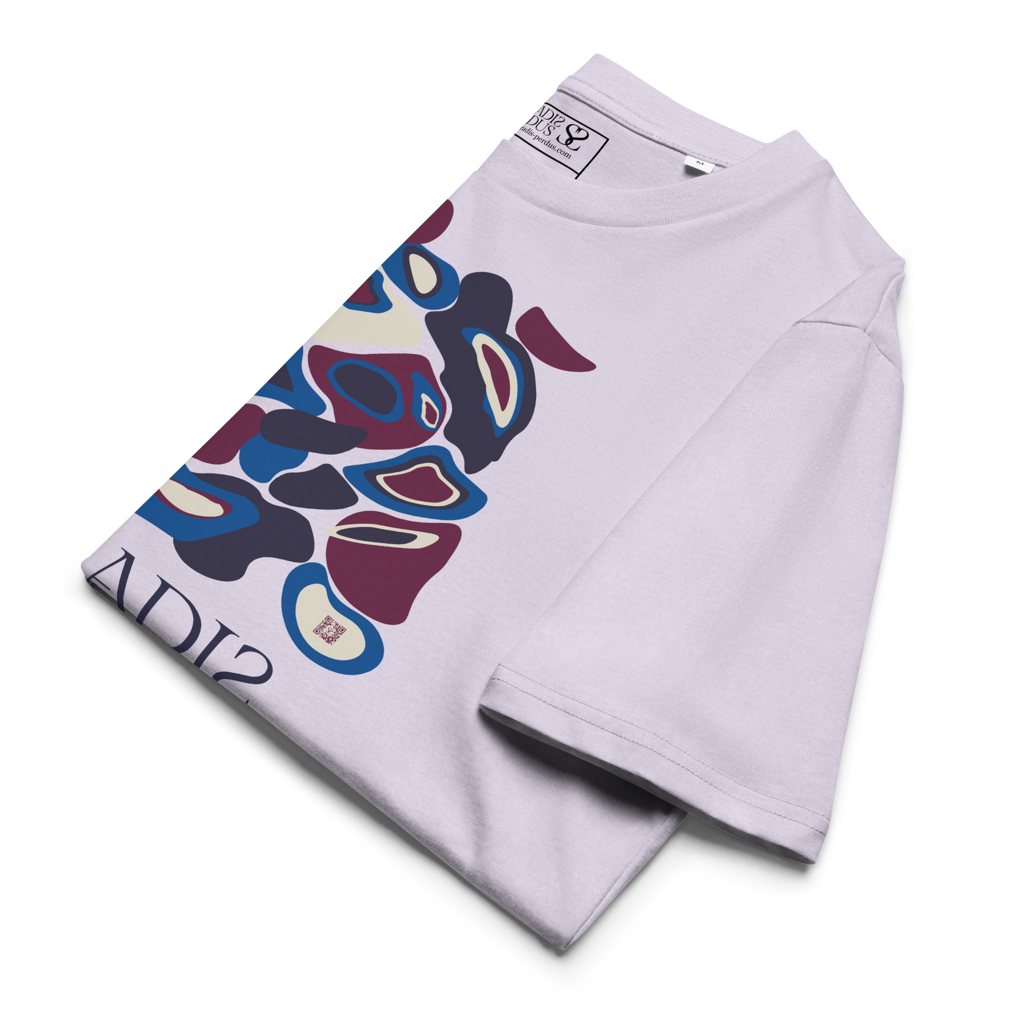 T-shirt en coton bio rose glycine clair imprimé "Panscro" de Paradis Perdus® 8 Le KRUSH workshop boutique T-shirt en coton bio rose glycine clair imprimé “Panscro” de Paradis Perdus® présenté plié en gros plan