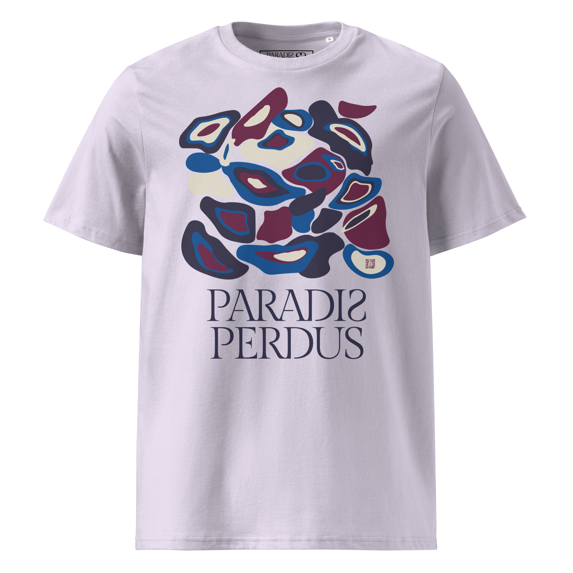 T-shirt en coton bio rose glycine clair imprimé "Panscro" de Paradis Perdus® 1 Le KRUSH workshop boutique T-shirt en coton bio rose glycine clair imprimé “Panscro” de Paradis Perdus® porté de devant