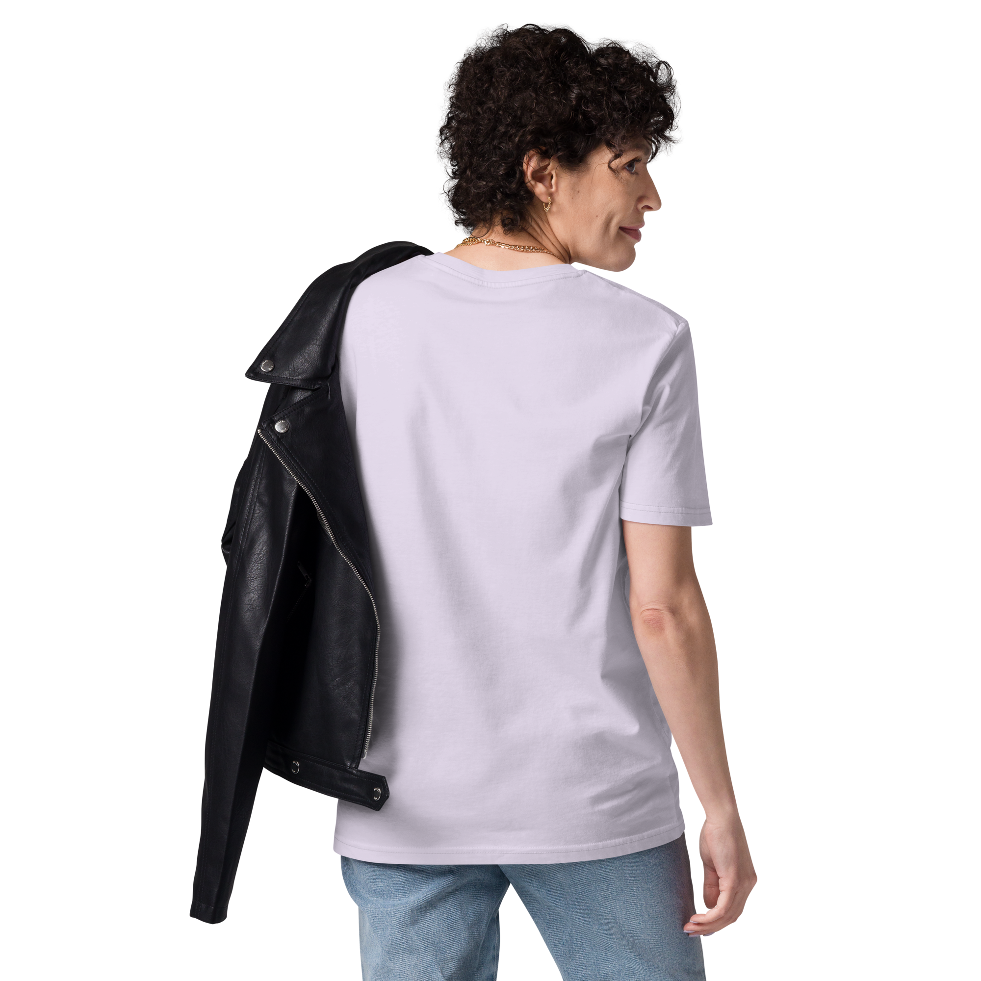 T-shirt en coton bio rose glycine clair imprimé "Panscro" de Paradis Perdus® 6 Le KRUSH workshop boutique T-shirt en coton bio rose glycine clair imprimé “Panscro” de Paradis Perdus® porté par une femme de dos