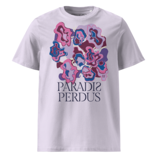 T-shirt en coton bio rose glycine clair imprimé “Sfogliatelle” de Paradis Perdus® porté de devant