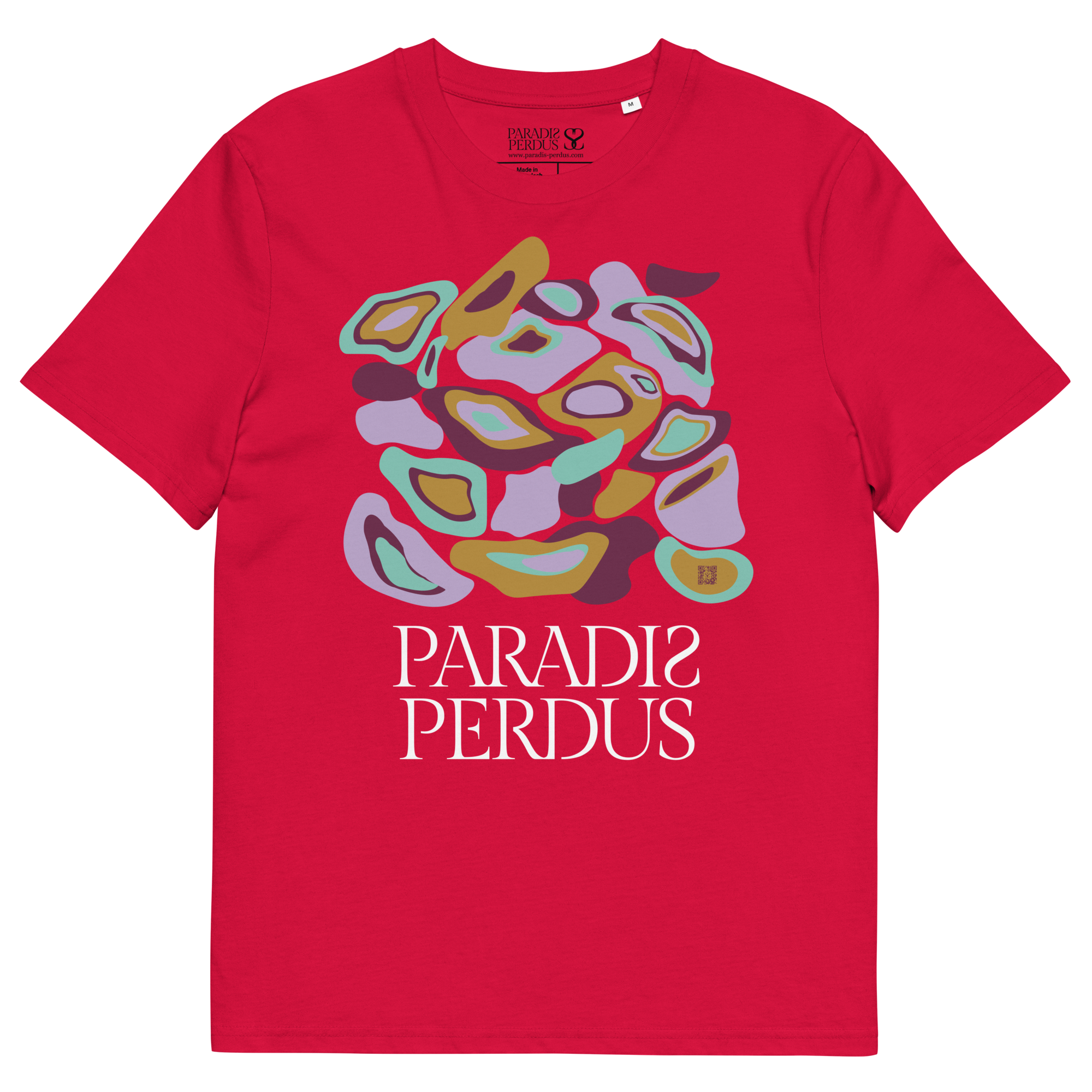 T-shirt en coton bio rouge carmin imprimé "Panscro" de Paradis Perdus® 3 Le KRUSH workshop boutique T-shirt en coton bio rouge carmin imprimé “Panscro” de Paradis Perdus® posé à plat devant