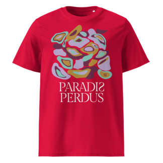 T-shirt en coton bio rouge carmin imprimé “Panscro” de Paradis Perdus® porté de devant