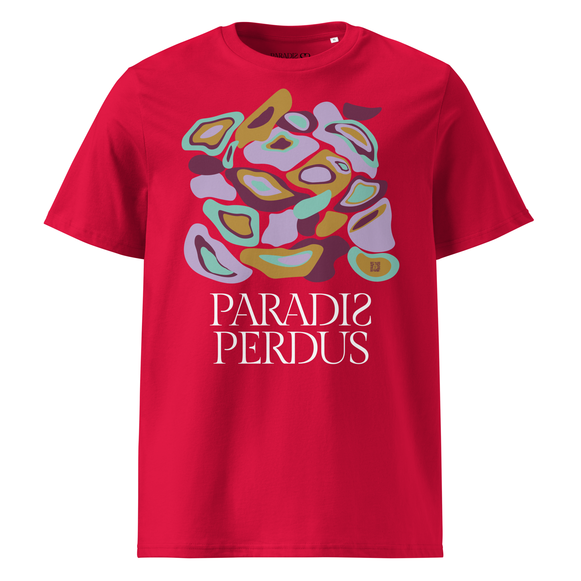 T-shirt en coton bio rouge carmin imprimé "Panscro" de Paradis Perdus® 1 Le KRUSH workshop boutique T-shirt en coton bio rouge carmin imprimé “Panscro” de Paradis Perdus® porté de devant