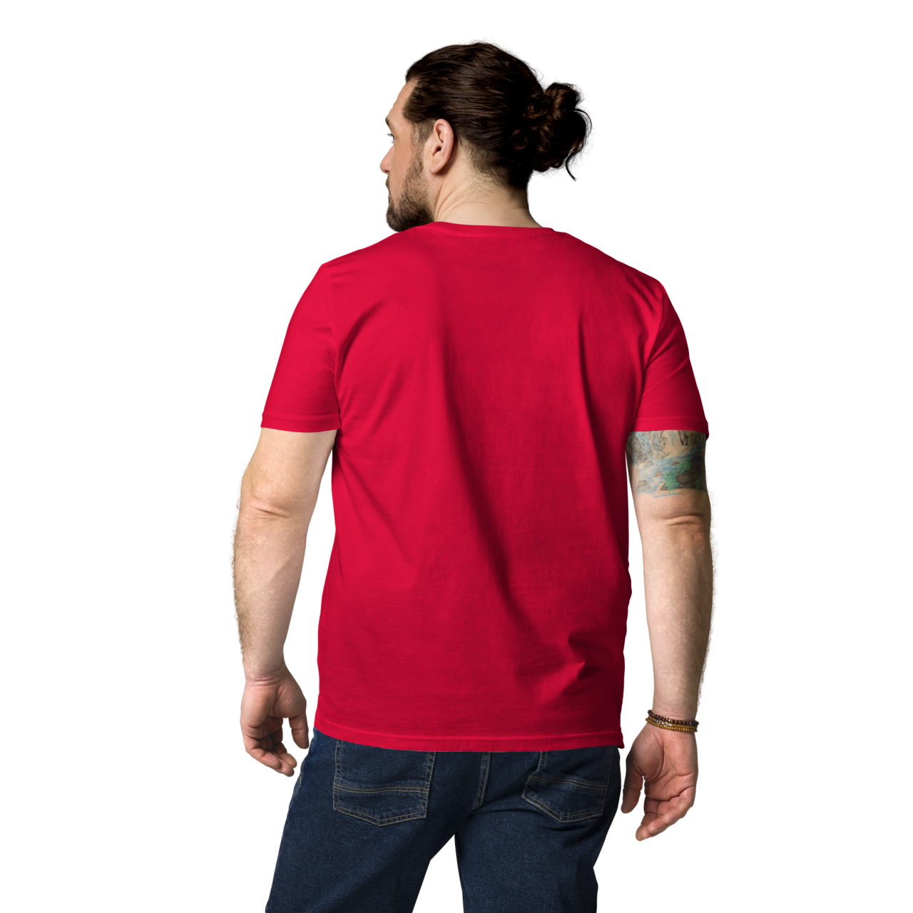T-shirt en coton bio rouge carmin imprimé "Panscro" de Paradis Perdus® 6 Le KRUSH workshop boutique T-shirt en coton bio rouge carmin imprimé “Panscro” de Paradis Perdus® porté par un homme de dos