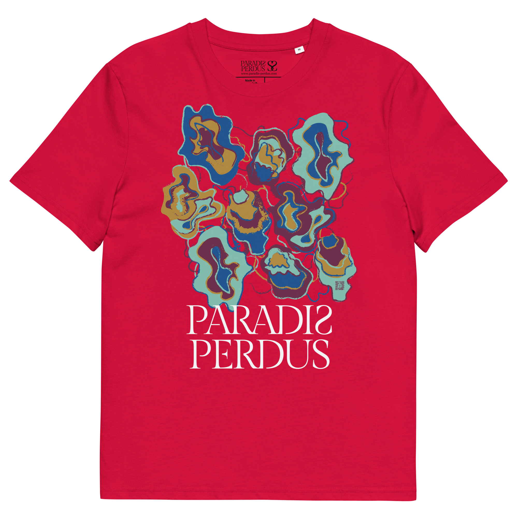 T-shirt en coton bio rouge carmin imprimé “Sfogliatelle” de Paradis Perdus® 3 Le KRUSH workshop boutique T-shirt en coton bio rouge carmin imprimé “Sfogliatelle” de Paradis Perdus® posé à plat devant