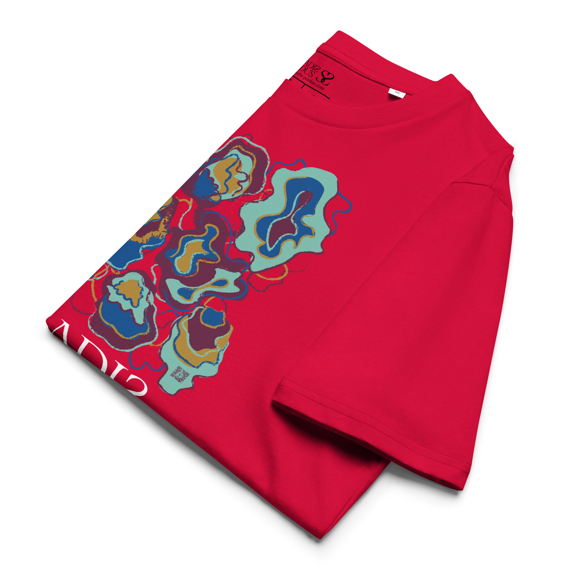 T-shirt en coton bio rouge carmin imprimé “Sfogliatelle” de Paradis Perdus® 8 Le KRUSH workshop boutique T-shirt en coton bio rouge carmin imprimé “Sfogliatelle” de Paradis Perdus® présenté plié en gros plan