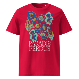 T-shirt en coton bio rouge carmin imprimé “Sfogliatelle” de Paradis Perdus® porté de devant