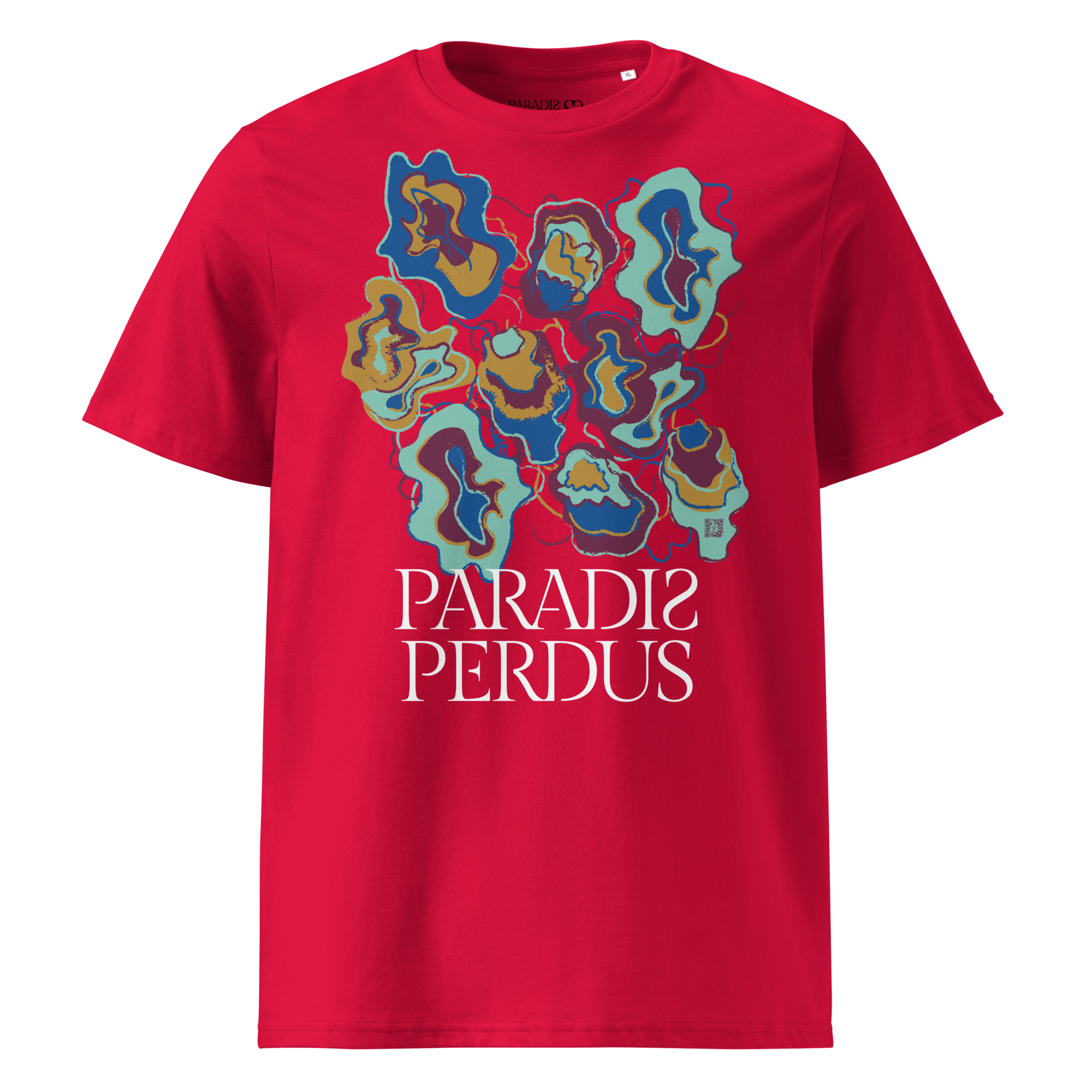 T-shirt en coton bio rouge carmin imprimé “Sfogliatelle” de Paradis Perdus® 1 Le KRUSH workshop boutique T-shirt en coton bio rouge carmin imprimé “Sfogliatelle” de Paradis Perdus® porté de devant